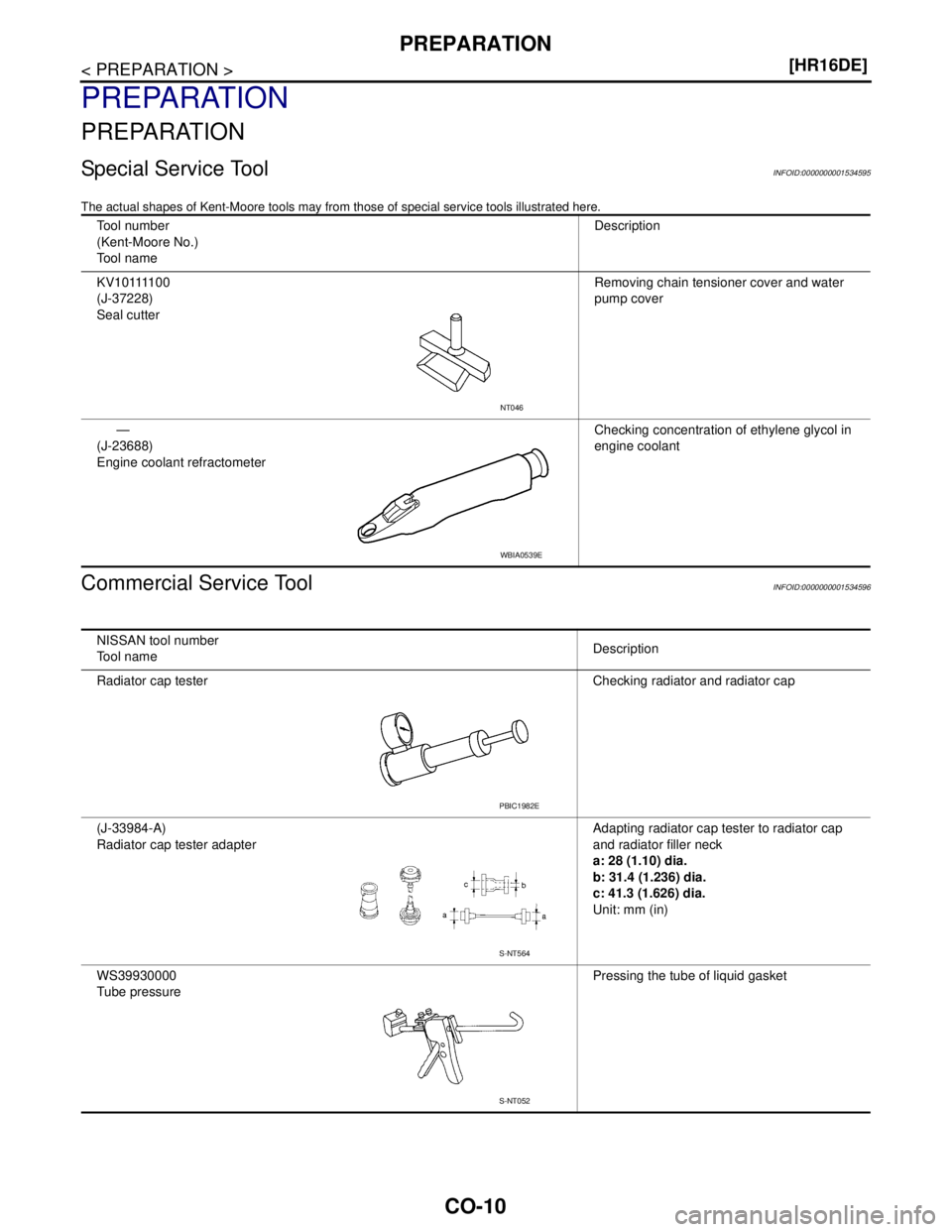 NISSAN TIIDA 2007  Service Repair Manual CO-10
< PREPARATION >[HR16DE]
PREPARATION
PREPARATION
PREPARATION
Special Service ToolINFOID:0000000001534595
The actual shapes of Kent-Moore tools may from those of special service tools illustrated 
