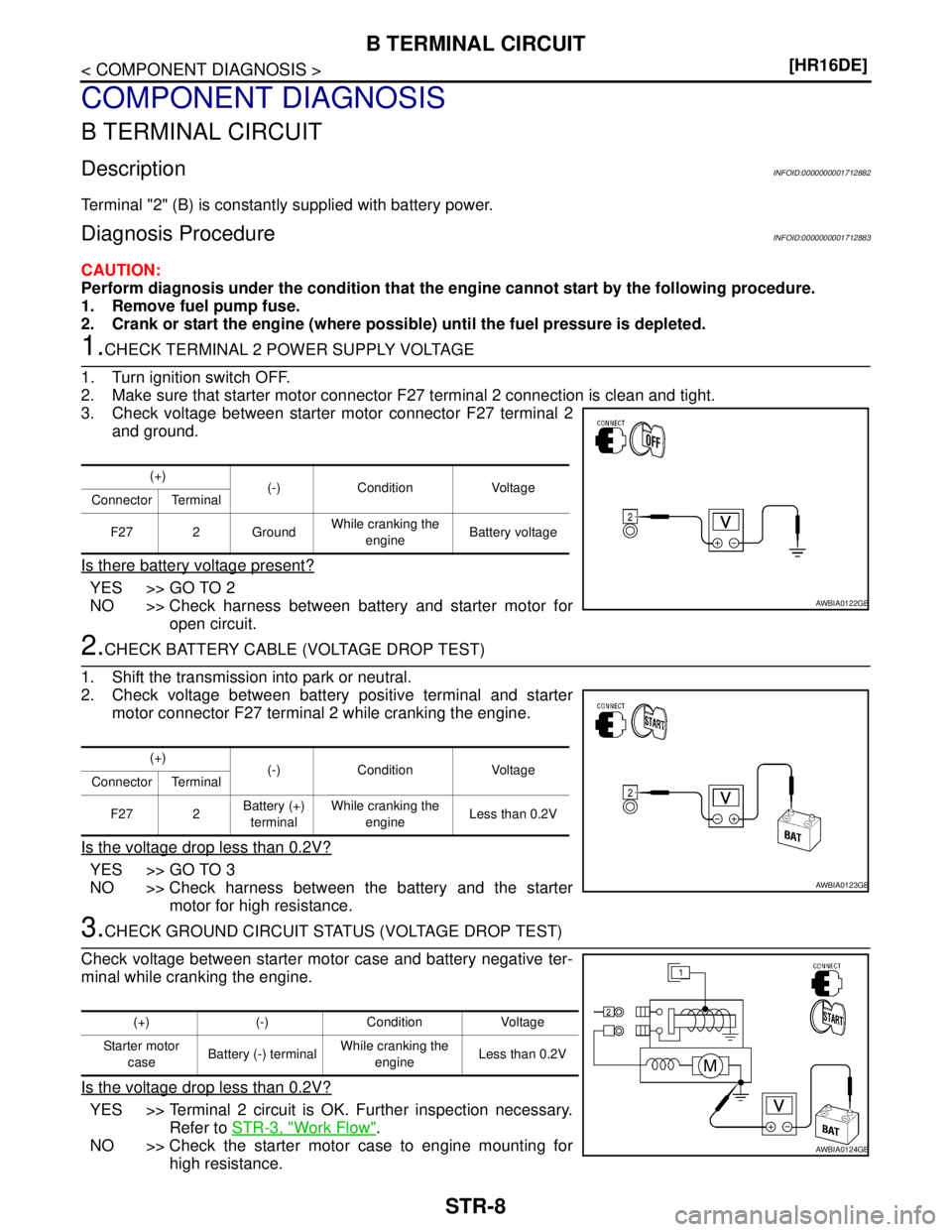 NISSAN TIIDA 2007  Service Repair Manual STR-8
< COMPONENT DIAGNOSIS >[HR16DE]
B TERMINAL CIRCUIT
COMPONENT DIAGNOSIS
B TERMINAL CIRCUIT
DescriptionINFOID:0000000001712882
Terminal "2" (B) is constantly supplied with battery power.
Diagnosis
