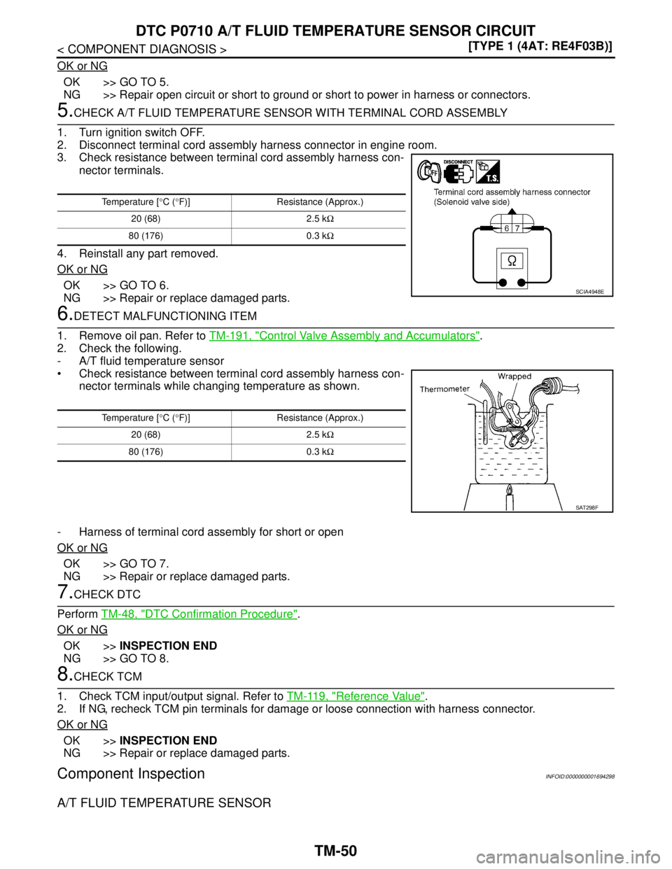NISSAN TIIDA 2007  Service Repair Manual TM-50
< COMPONENT DIAGNOSIS >[TYPE 1 (4AT: RE4F03B)]
DTC P0710 A/T FLUID TEMPERATURE SENSOR CIRCUIT
OK or NG
OK >> GO TO 5.
NG >> Repair open circuit or short to ground or short to power in harness or