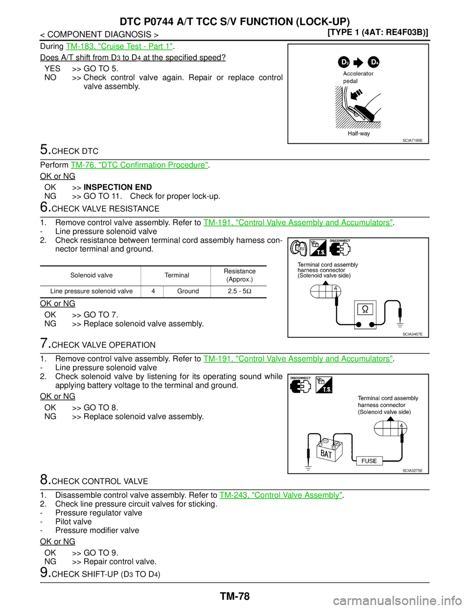 NISSAN TIIDA 2007  Service Repair Manual TM-78
< COMPONENT DIAGNOSIS >[TYPE 1 (4AT: RE4F03B)]
DTC P0744 A/T TCC S/V FUNCTION (LOCK-UP)
During TM-183, "Cruise Test - Part 1".
Does A/T shift from D
3 to D4 at the specified speed?
YES >> GO TO 