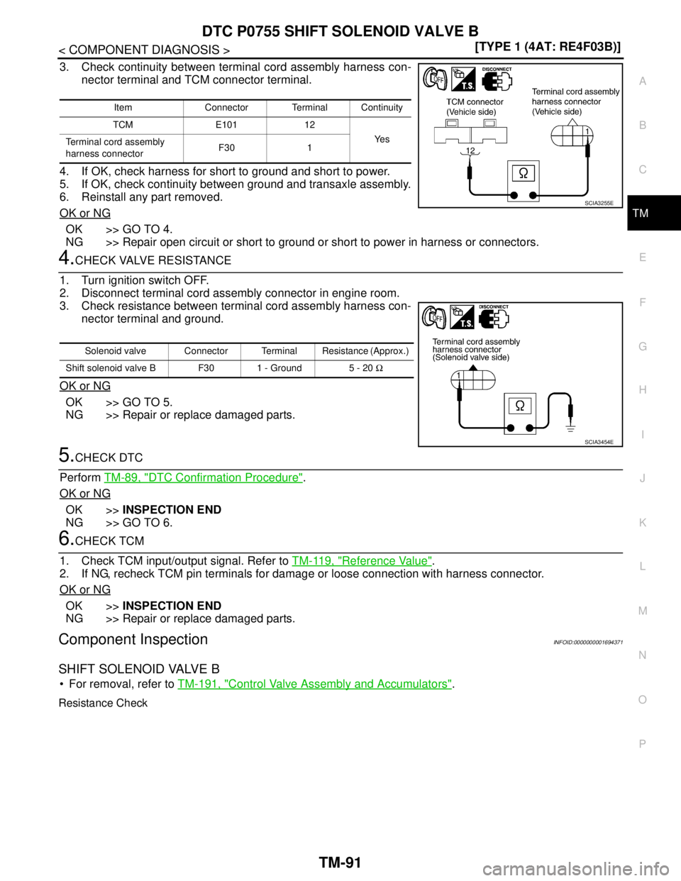 NISSAN TIIDA 2007  Service Repair Manual DTC P0755 SHIFT SOLENOID VALVE B
TM-91
< COMPONENT DIAGNOSIS >[TYPE 1 (4AT: RE4F03B)]
C
E
F
G
H
I
J
K
L
MA
B
TM
N
O
P
3. Check continuity between terminal cord assembly harness con-
nector terminal an
