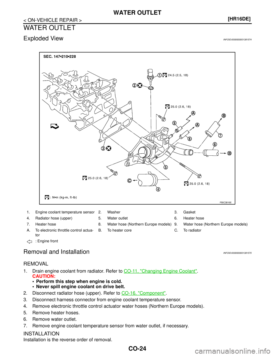 NISSAN TIIDA 2007  Service Repair Manual CO-24
< ON-VEHICLE REPAIR >[HR16DE]
WATER OUTLET
WATER OUTLET
Exploded ViewINFOID:0000000001381574
Removal and InstallationINFOID:0000000001381575
REMOVAL
1. Drain engine coolant from radiator. Refer 
