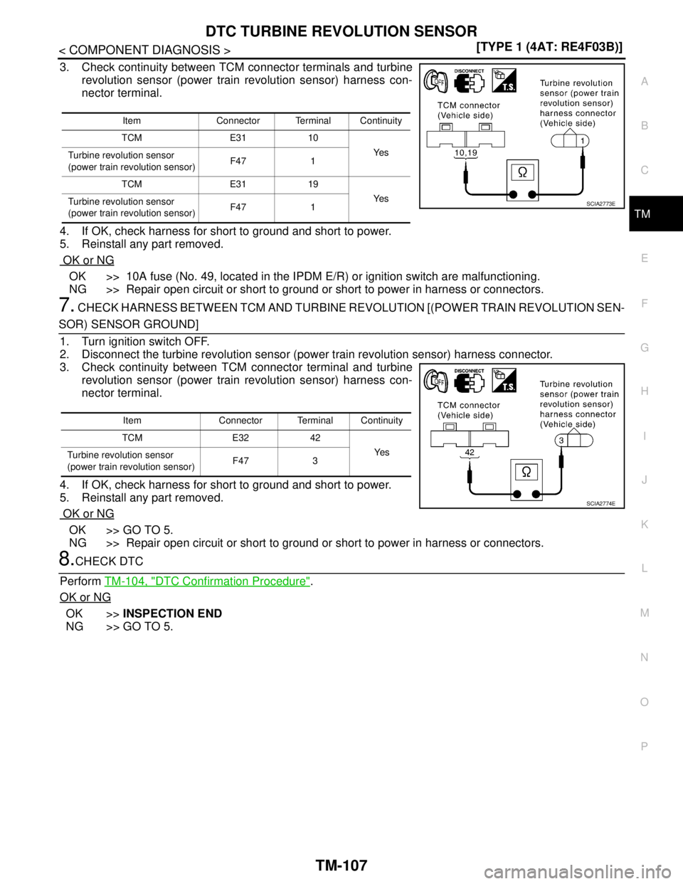 NISSAN TIIDA 2007  Service Repair Manual DTC TURBINE REVOLUTION SENSOR
TM-107
< COMPONENT DIAGNOSIS >[TYPE 1 (4AT: RE4F03B)]
C
E
F
G
H
I
J
K
L
MA
B
TM
N
O
P
3. Check continuity between TCM connector terminals and turbine
revolution sensor (p