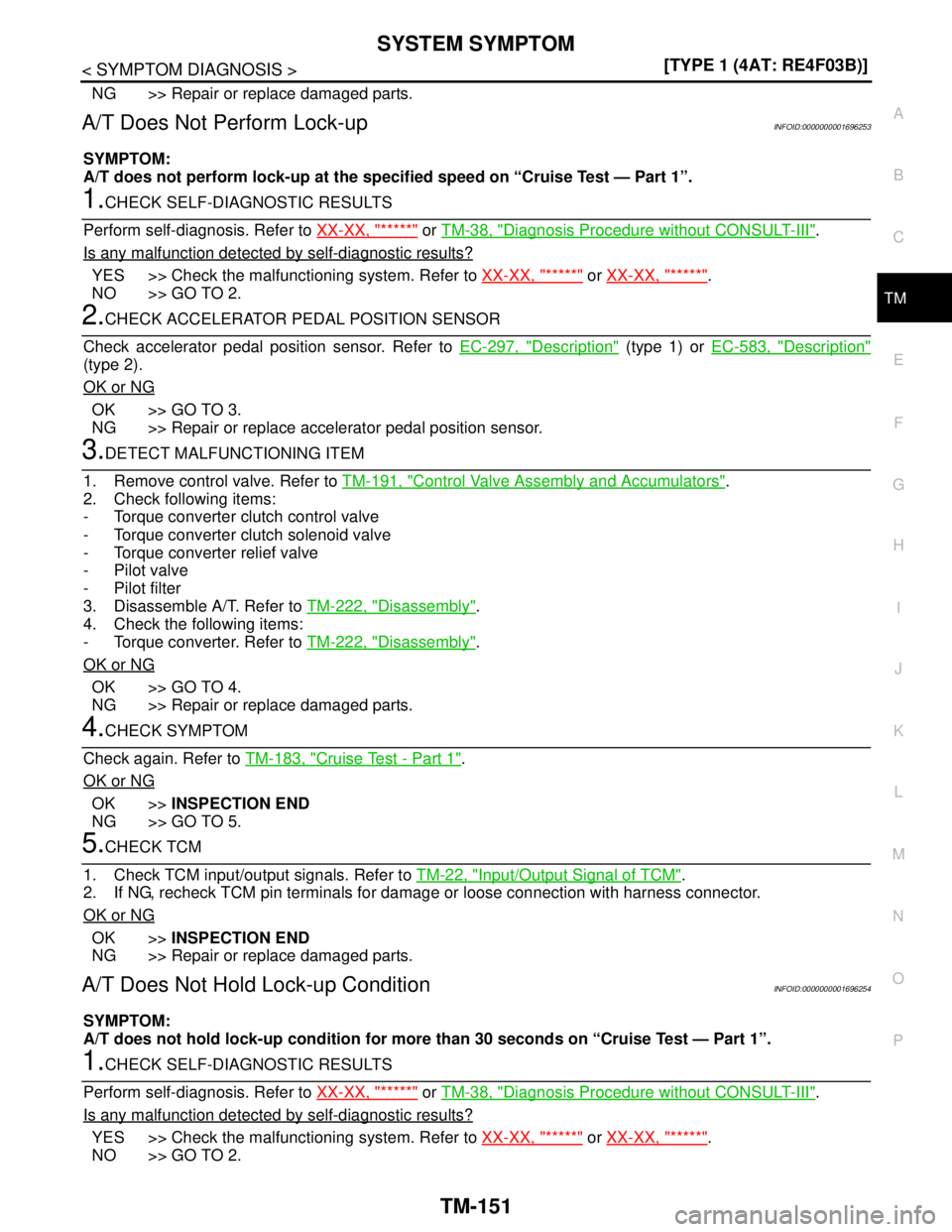 NISSAN TIIDA 2007  Service Repair Manual SYSTEM SYMPTOM
TM-151
< SYMPTOM DIAGNOSIS >[TYPE 1 (4AT: RE4F03B)]
C
E
F
G
H
I
J
K
L
MA
B
TM
N
O
P
NG >> Repair or replace damaged parts.
A/T Does Not Perform Lock-upINFOID:0000000001696253
SYMPTOM:
A