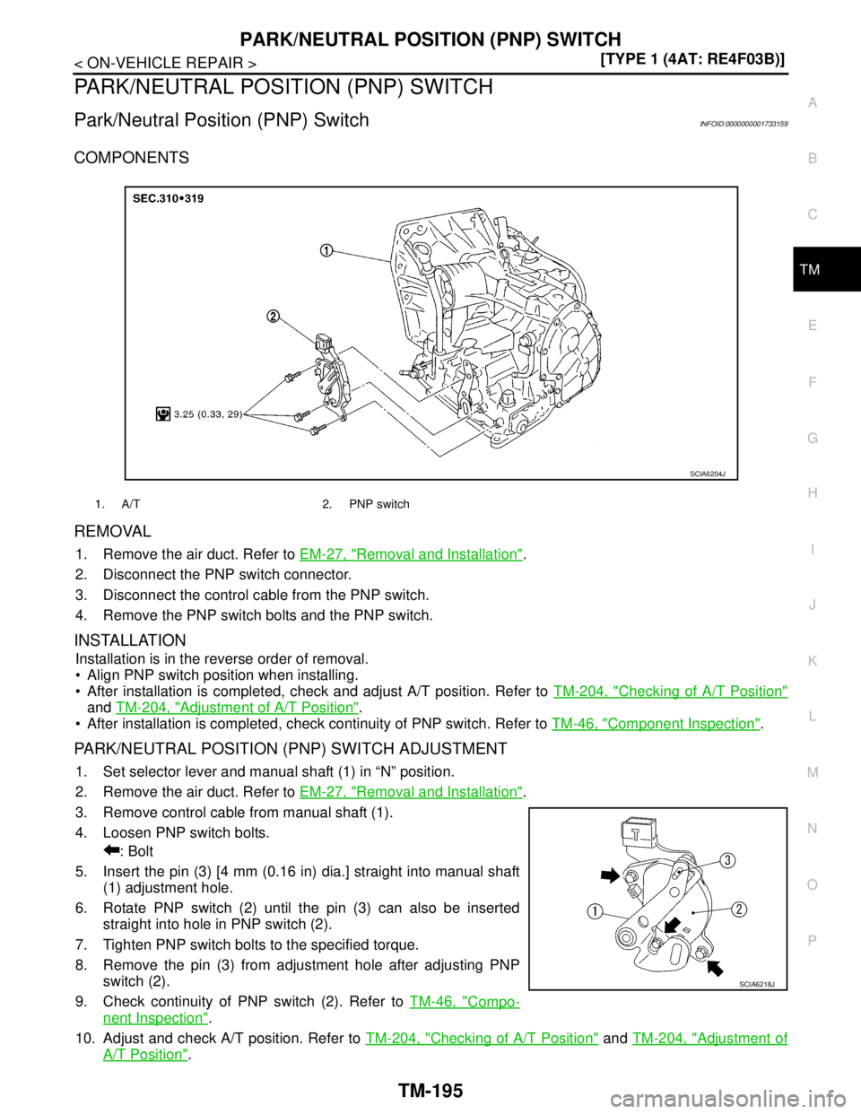 NISSAN TIIDA 2007  Service Repair Manual PARK/NEUTRAL POSITION (PNP) SWITCH
TM-195
< ON-VEHICLE REPAIR >[TYPE 1 (4AT: RE4F03B)]
C
E
F
G
H
I
J
K
L
MA
B
TM
N
O
P
PARK/NEUTRAL POSITION (PNP) SWITCH
Park/Neutral Position (PNP) SwitchINFOID:00000