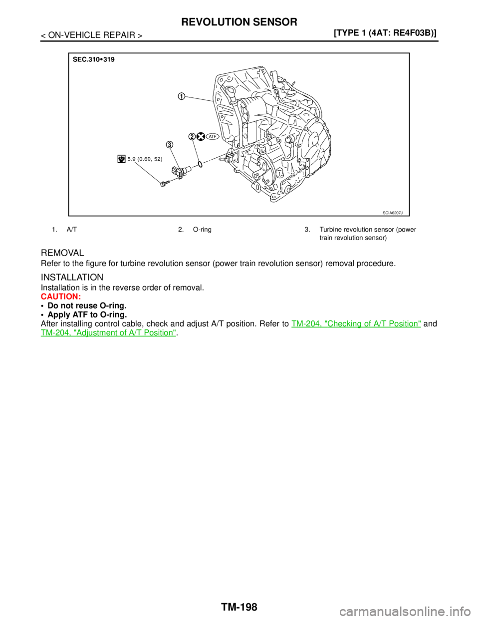 NISSAN TIIDA 2007  Service Repair Manual TM-198
< ON-VEHICLE REPAIR >[TYPE 1 (4AT: RE4F03B)]
REVOLUTION SENSOR
REMOVAL
Refer to the figure for turbine revolution sensor (power train revolution sensor) removal procedure.
INSTALLATION
Installa