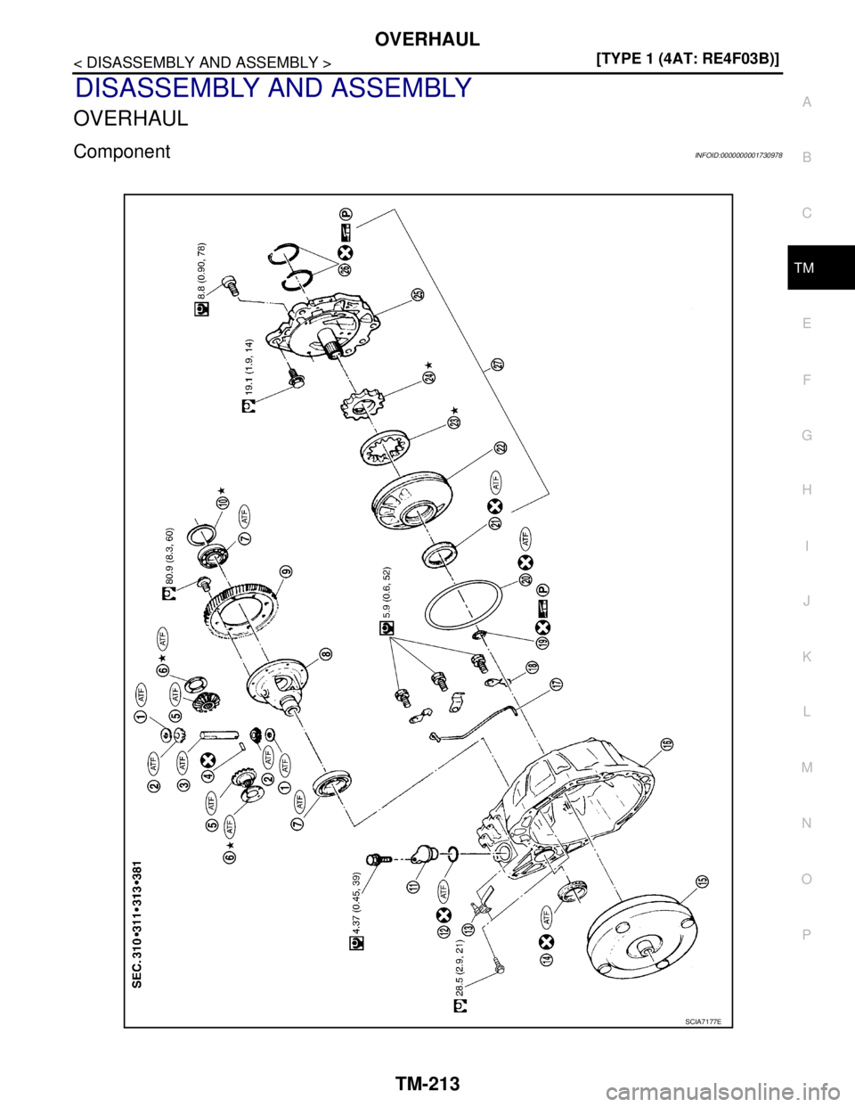 NISSAN TIIDA 2007  Service Repair Manual OVERHAUL
TM-213
< DISASSEMBLY AND ASSEMBLY >[TYPE 1 (4AT: RE4F03B)]
C
E
F
G
H
I
J
K
L
MA
B
TM
N
O
P
DISASSEMBLY AND ASSEMBLY
OVERHAUL
ComponentINFOID:0000000001730978
SCIA7177E 