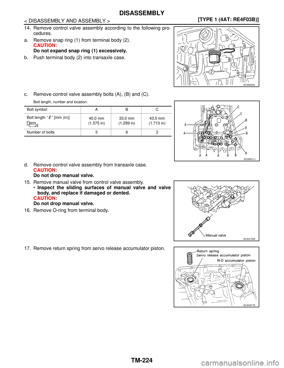 NISSAN TIIDA 2007  Service Repair Manual TM-224
< DISASSEMBLY AND ASSEMBLY >[TYPE 1 (4AT: RE4F03B)]
DISASSEMBLY
14. Remove control valve assembly according to the following pro-
cedures.
a. Remove snap ring (1) from terminal body (2).
CAUTIO
