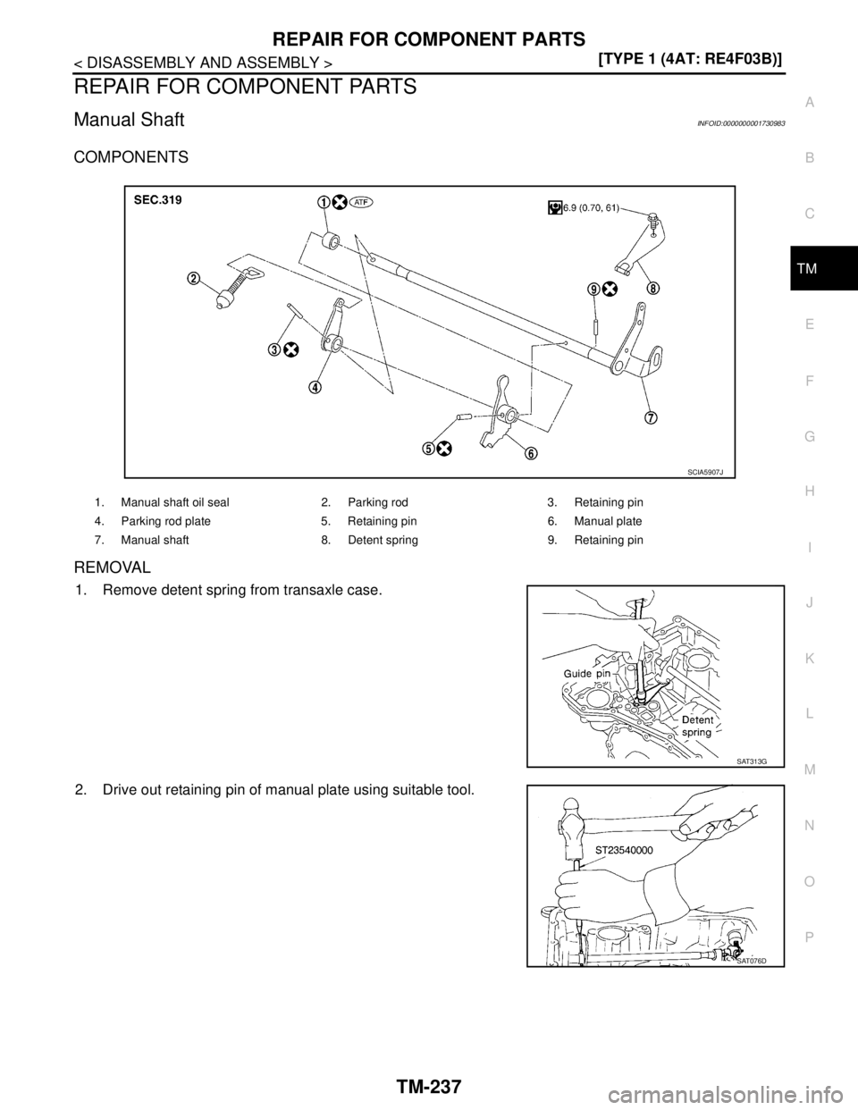 NISSAN TIIDA 2007  Service Repair Manual REPAIR FOR COMPONENT PARTS
TM-237
< DISASSEMBLY AND ASSEMBLY >[TYPE 1 (4AT: RE4F03B)]
C
E
F
G
H
I
J
K
L
MA
B
TM
N
O
P
REPAIR FOR COMPONENT PARTS
Manual ShaftINFOID:0000000001730983
COMPONENTS
REMOVAL
