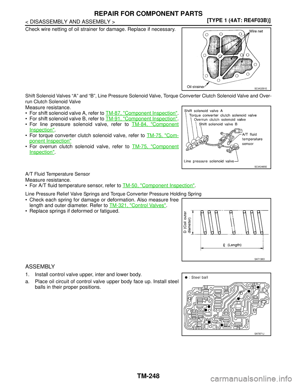 NISSAN TIIDA 2007  Service Repair Manual TM-248
< DISASSEMBLY AND ASSEMBLY >[TYPE 1 (4AT: RE4F03B)]
REPAIR FOR COMPONENT PARTS
Check wire netting of oil strainer for damage. Replace if necessary.
Shift Solenoid Valves “A” and “B”, Li
