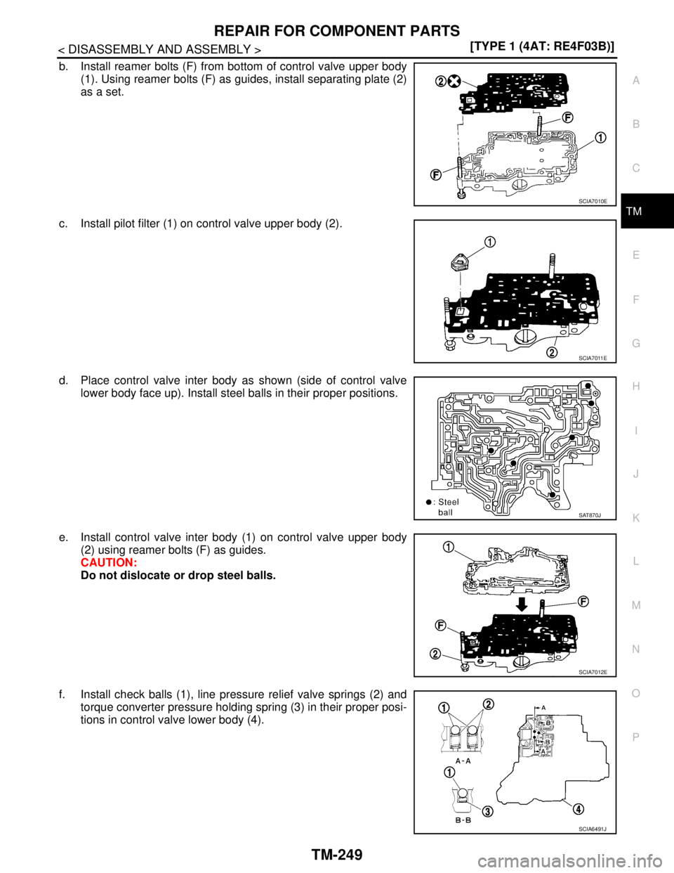 NISSAN TIIDA 2007  Service Repair Manual REPAIR FOR COMPONENT PARTS
TM-249
< DISASSEMBLY AND ASSEMBLY >[TYPE 1 (4AT: RE4F03B)]
C
E
F
G
H
I
J
K
L
MA
B
TM
N
O
P
b. Install reamer bolts (F) from bottom of control valve upper body
(1). Using rea