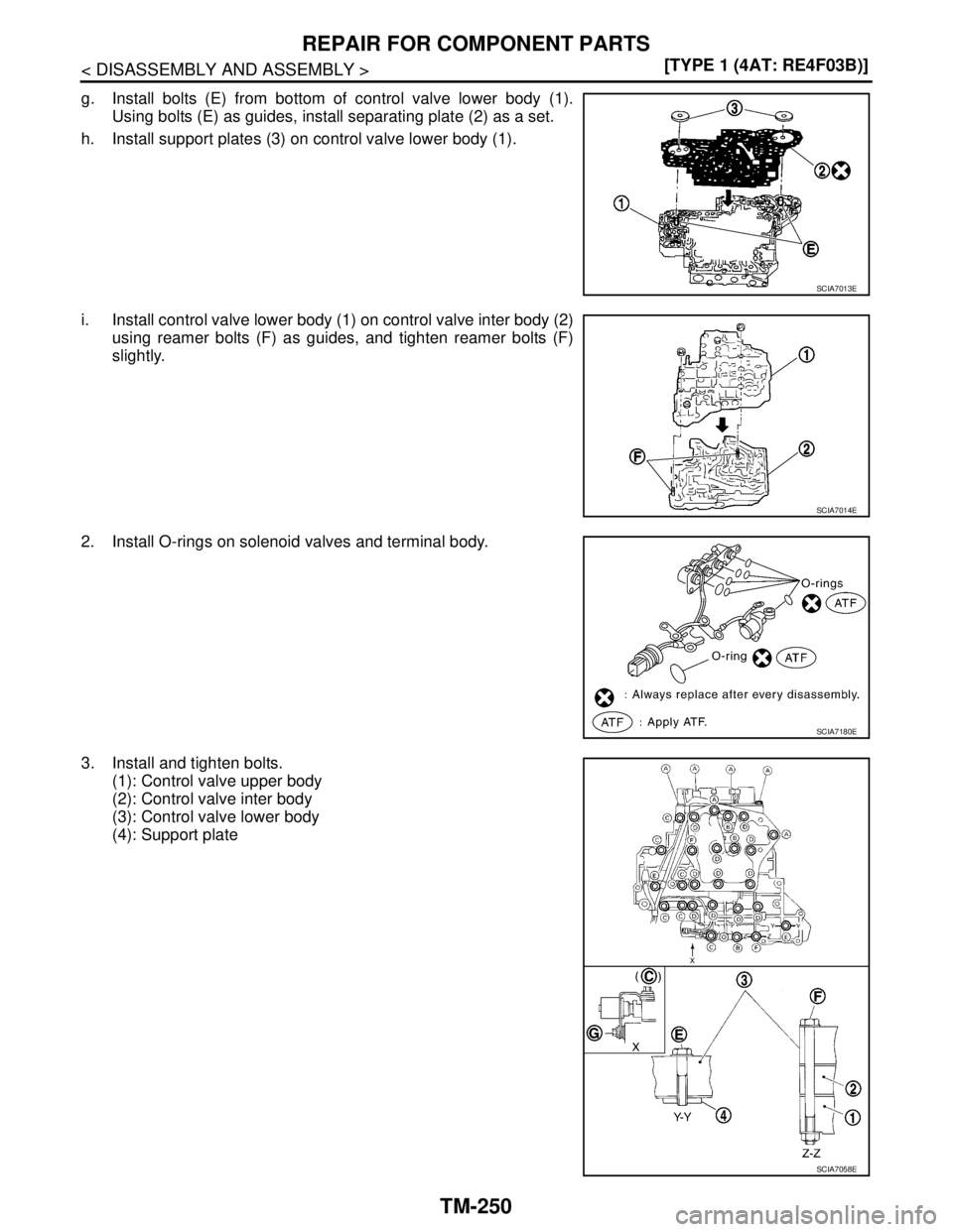 NISSAN TIIDA 2007  Service Repair Manual TM-250
< DISASSEMBLY AND ASSEMBLY >[TYPE 1 (4AT: RE4F03B)]
REPAIR FOR COMPONENT PARTS
g. Install bolts (E) from bottom of control valve lower body (1).
Using bolts (E) as guides, install separating pl