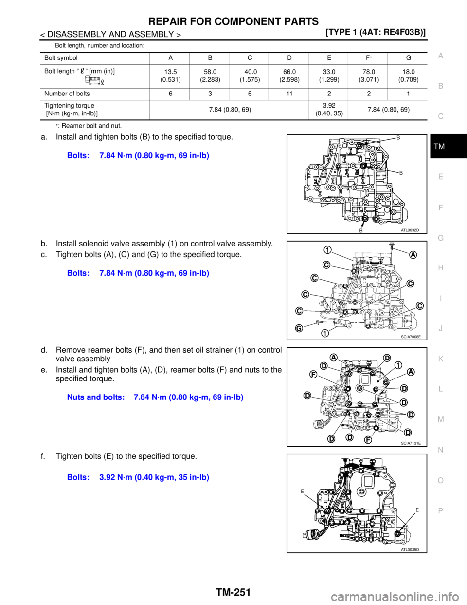NISSAN TIIDA 2007  Service Repair Manual REPAIR FOR COMPONENT PARTS
TM-251
< DISASSEMBLY AND ASSEMBLY >[TYPE 1 (4AT: RE4F03B)]
C
E
F
G
H
I
J
K
L
MA
B
TM
N
O
P
Bolt length, number and location:
*: Reamer bolt and nut.
a. Install and tighten b