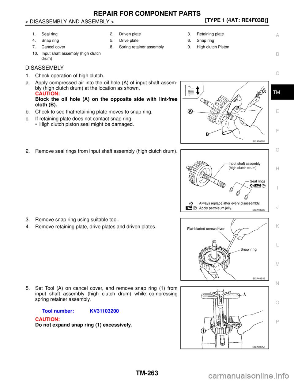 NISSAN TIIDA 2007  Service Repair Manual REPAIR FOR COMPONENT PARTS
TM-263
< DISASSEMBLY AND ASSEMBLY >[TYPE 1 (4AT: RE4F03B)]
C
E
F
G
H
I
J
K
L
MA
B
TM
N
O
P
DISASSEMBLY
1. Check operation of high clutch.
a. Apply compressed air into the oi