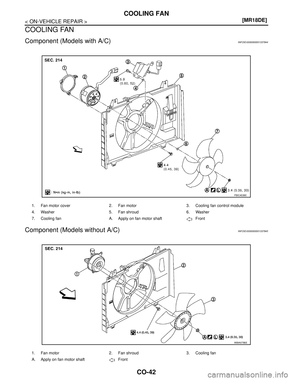NISSAN TIIDA 2007  Service Repair Manual CO-42
< ON-VEHICLE REPAIR >[MR18DE]
COOLING FAN
COOLING FAN
Component (Models with A/C)INFOID:0000000001337844
Component (Models without A/C)INFOID:0000000001337845
1. Fan motor cover 2. Fan motor 3. 