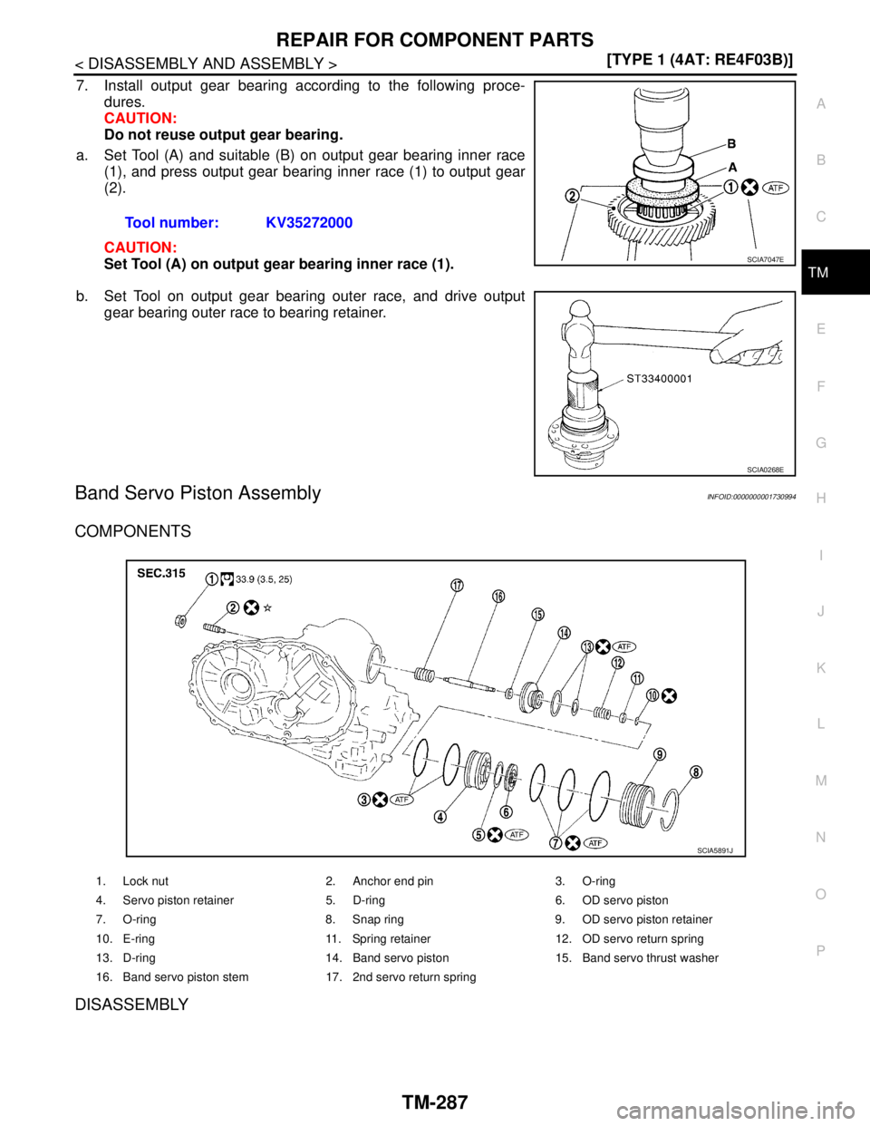 NISSAN TIIDA 2007  Service Repair Manual REPAIR FOR COMPONENT PARTS
TM-287
< DISASSEMBLY AND ASSEMBLY >[TYPE 1 (4AT: RE4F03B)]
C
E
F
G
H
I
J
K
L
MA
B
TM
N
O
P
7. Install output gear bearing according to the following proce-
dures.
CAUTION:
D