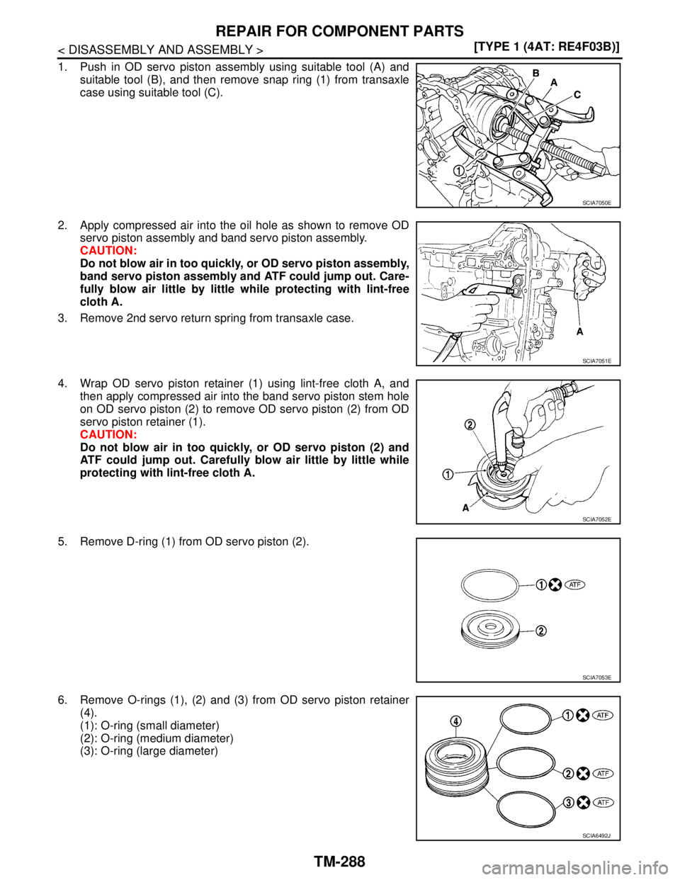 NISSAN TIIDA 2007  Service Repair Manual TM-288
< DISASSEMBLY AND ASSEMBLY >[TYPE 1 (4AT: RE4F03B)]
REPAIR FOR COMPONENT PARTS
1. Push in OD servo piston assembly using suitable tool (A) and
suitable tool (B), and then remove snap ring (1) f