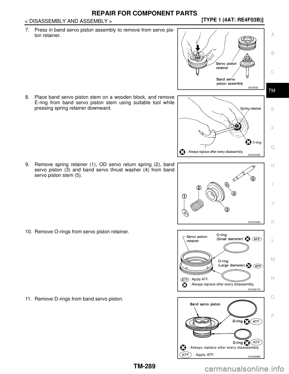 NISSAN TIIDA 2007  Service Repair Manual REPAIR FOR COMPONENT PARTS
TM-289
< DISASSEMBLY AND ASSEMBLY >[TYPE 1 (4AT: RE4F03B)]
C
E
F
G
H
I
J
K
L
MA
B
TM
N
O
P
7. Press in band servo piston assembly to remove from servo pis-
ton retainer.
8. 