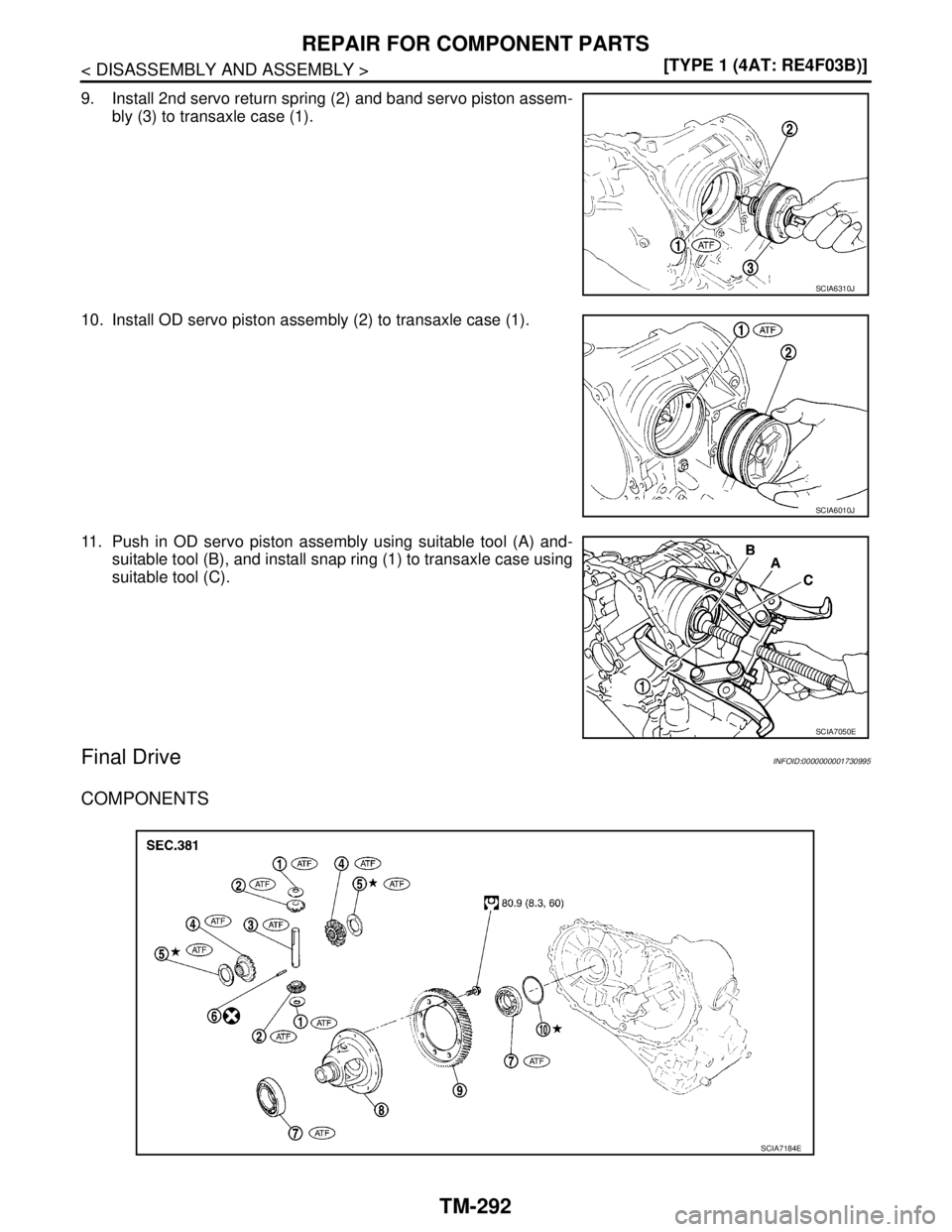 NISSAN TIIDA 2007  Service Repair Manual TM-292
< DISASSEMBLY AND ASSEMBLY >[TYPE 1 (4AT: RE4F03B)]
REPAIR FOR COMPONENT PARTS
9. Install 2nd servo return spring (2) and band servo piston assem-
bly (3) to transaxle case (1).
10. Install OD 