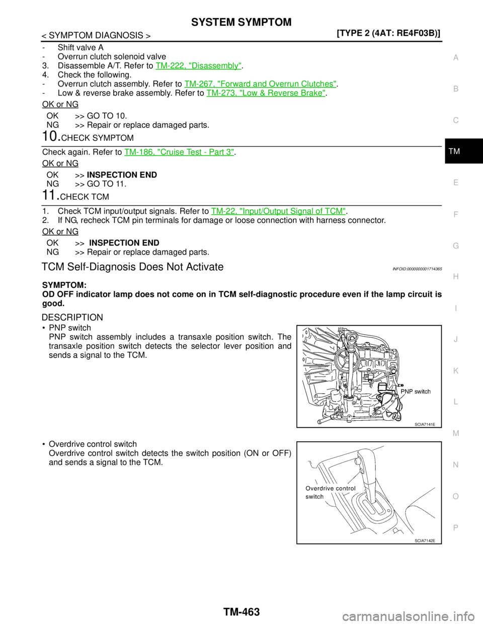 NISSAN TIIDA 2007  Service Repair Manual SYSTEM SYMPTOM
TM-463
< SYMPTOM DIAGNOSIS >[TYPE 2 (4AT: RE4F03B)]
C
E
F
G
H
I
J
K
L
MA
B
TM
N
O
P
- Shift valve A
- Overrun clutch solenoid valve
3. Disassemble A/T. Refer to TM-222, "
Disassembly".
