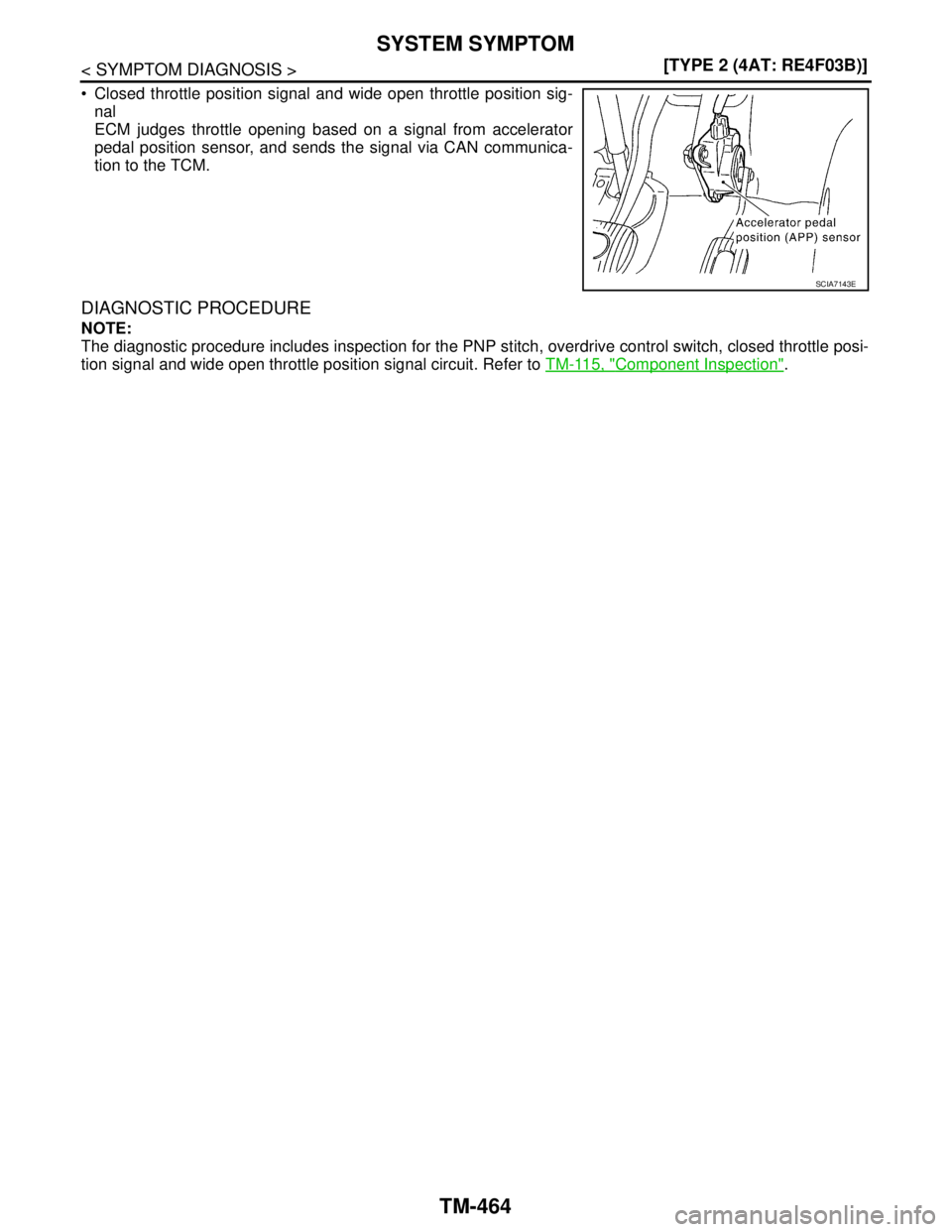 NISSAN TIIDA 2007  Service Repair Manual TM-464
< SYMPTOM DIAGNOSIS >[TYPE 2 (4AT: RE4F03B)]
SYSTEM SYMPTOM
 Closed throttle position signal and wide open throttle position sig-
nal
ECM judges throttle opening based on a signal from acceler