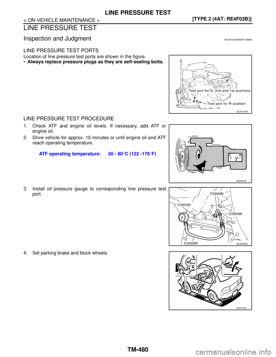 NISSAN TIIDA 2007  Service Repair Manual TM-480
< ON-VEHICLE MAINTENANCE >[TYPE 2 (4AT: RE4F03B)]
LINE PRESSURE TEST
LINE PRESSURE TEST
Inspection and JudgmentINFOID:0000000001726681
LINE PRESSURE TEST PORTS
Location of line pressure test po