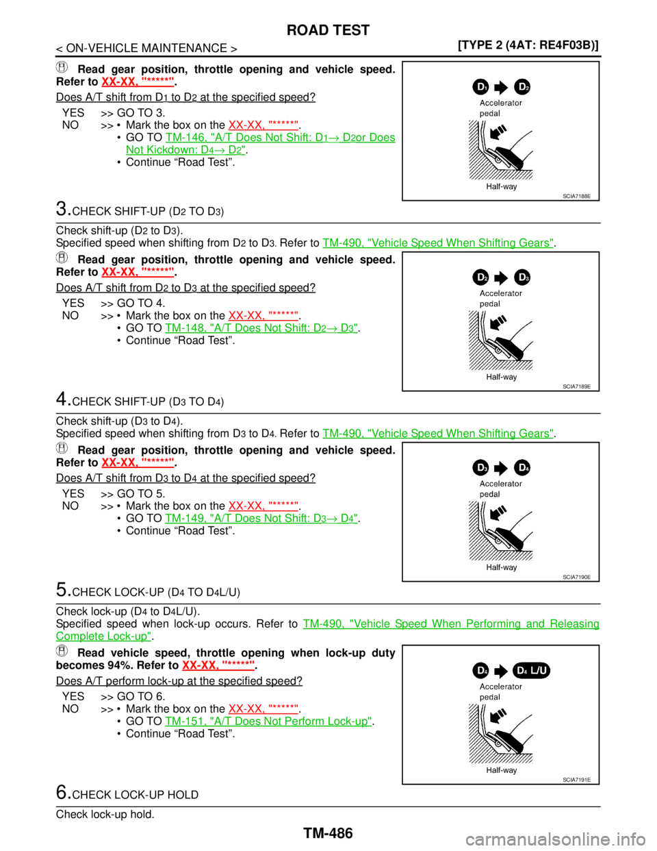 NISSAN TIIDA 2007  Service Repair Manual TM-486
< ON-VEHICLE MAINTENANCE >[TYPE 2 (4AT: RE4F03B)]
ROAD TEST
 Read gear position, throttle opening and vehicle speed.
Refer to XX-XX, "*****"
.
Does A/T shift from D
1 to D2 at the specified spe