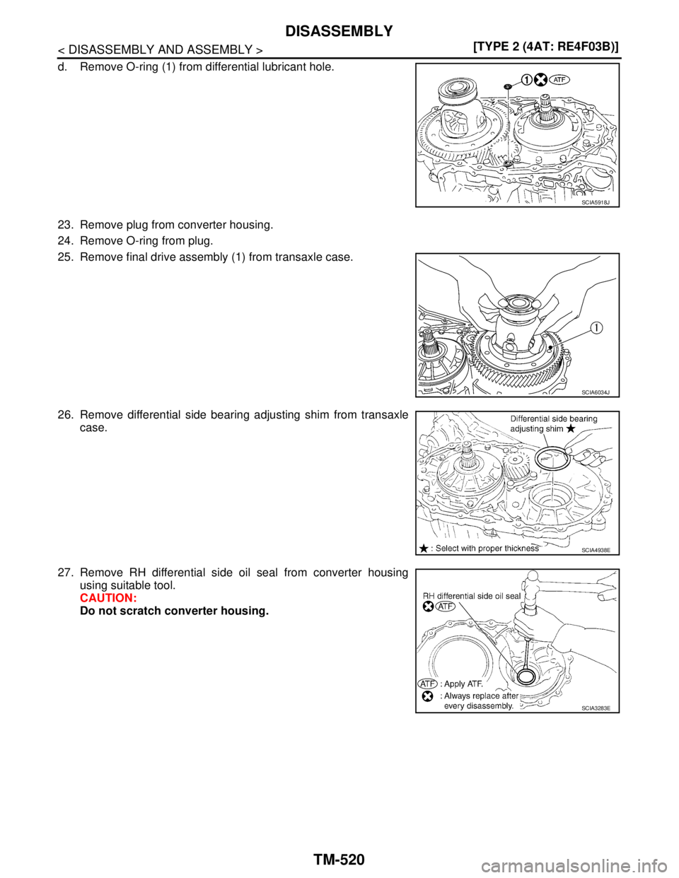 NISSAN TIIDA 2007  Service Repair Manual TM-520
< DISASSEMBLY AND ASSEMBLY >[TYPE 2 (4AT: RE4F03B)]
DISASSEMBLY
d. Remove O-ring (1) from differential lubricant hole.
23. Remove plug from converter housing.
24. Remove O-ring from plug.
25. R