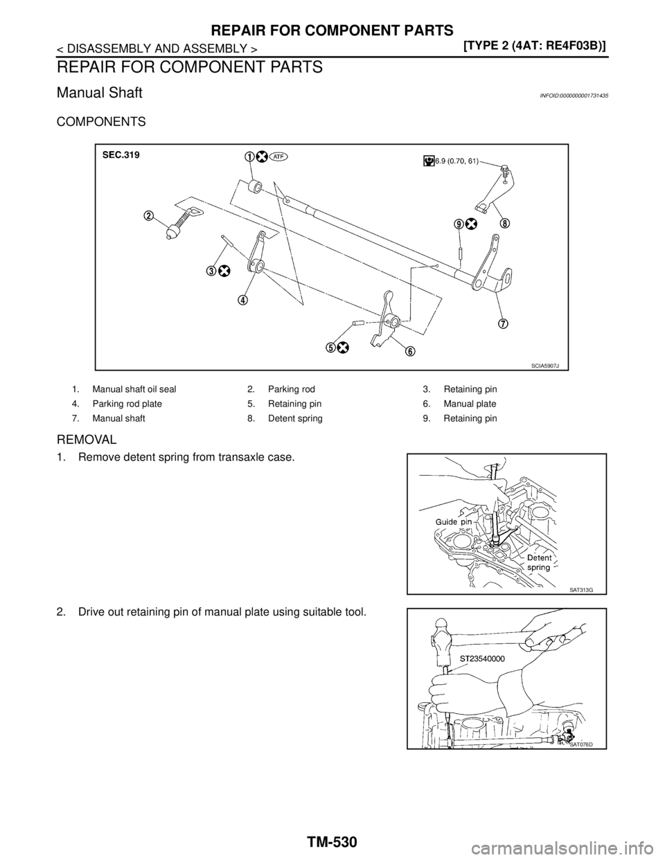 NISSAN TIIDA 2007  Service Repair Manual TM-530
< DISASSEMBLY AND ASSEMBLY >[TYPE 2 (4AT: RE4F03B)]
REPAIR FOR COMPONENT PARTS
REPAIR FOR COMPONENT PARTS
Manual ShaftINFOID:0000000001731435
COMPONENTS
REMOVAL
1. Remove detent spring from tra