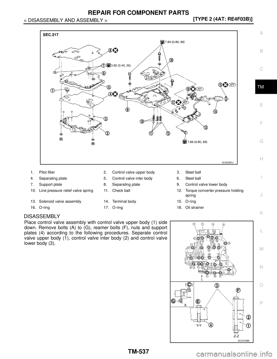 NISSAN TIIDA 2007  Service Repair Manual REPAIR FOR COMPONENT PARTS
TM-537
< DISASSEMBLY AND ASSEMBLY >[TYPE 2 (4AT: RE4F03B)]
C
E
F
G
H
I
J
K
L
MA
B
TM
N
O
P
DISASSEMBLY
Place control valve assembly with control valve upper body (1) side
do
