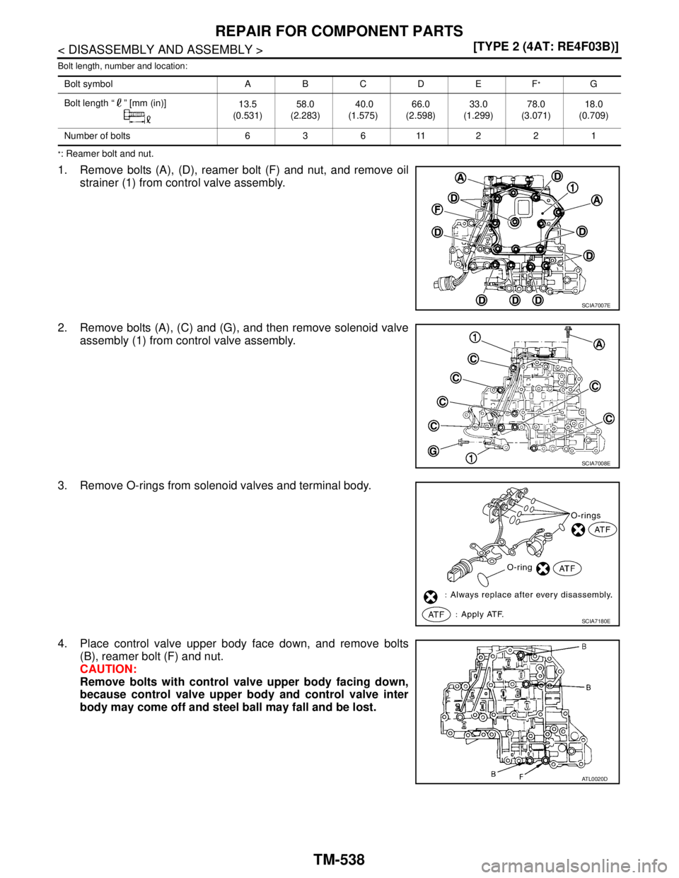 NISSAN TIIDA 2007  Service Repair Manual TM-538
< DISASSEMBLY AND ASSEMBLY >[TYPE 2 (4AT: RE4F03B)]
REPAIR FOR COMPONENT PARTS
Bolt length, number and location:
*: Reamer bolt and nut.
1. Remove bolts (A), (D), reamer bolt (F) and nut, and r