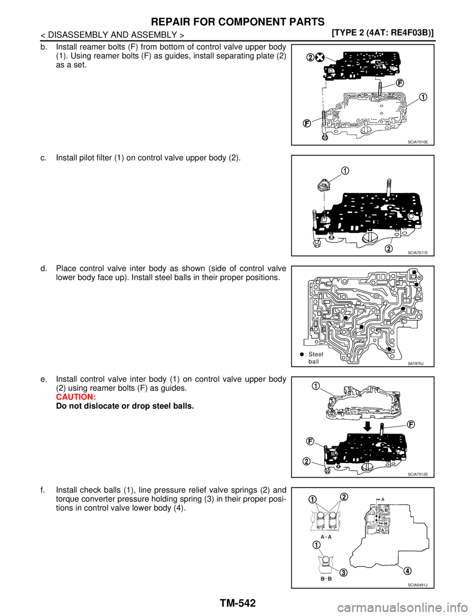 NISSAN TIIDA 2007  Service Repair Manual TM-542
< DISASSEMBLY AND ASSEMBLY >[TYPE 2 (4AT: RE4F03B)]
REPAIR FOR COMPONENT PARTS
b. Install reamer bolts (F) from bottom of control valve upper body
(1). Using reamer bolts (F) as guides, install