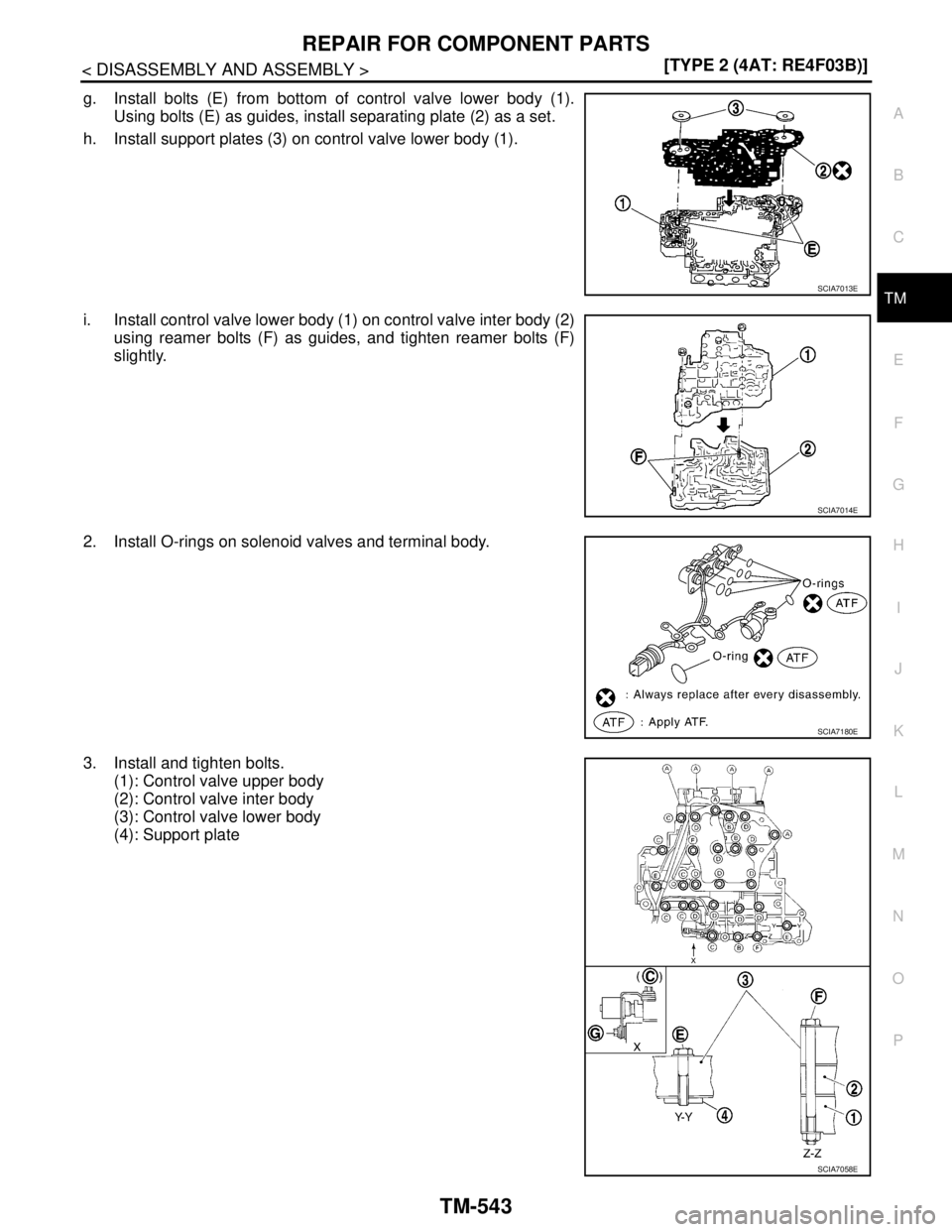 NISSAN TIIDA 2007  Service Repair Manual REPAIR FOR COMPONENT PARTS
TM-543
< DISASSEMBLY AND ASSEMBLY >[TYPE 2 (4AT: RE4F03B)]
C
E
F
G
H
I
J
K
L
MA
B
TM
N
O
P
g. Install bolts (E) from bottom of control valve lower body (1).
Using bolts (E) 