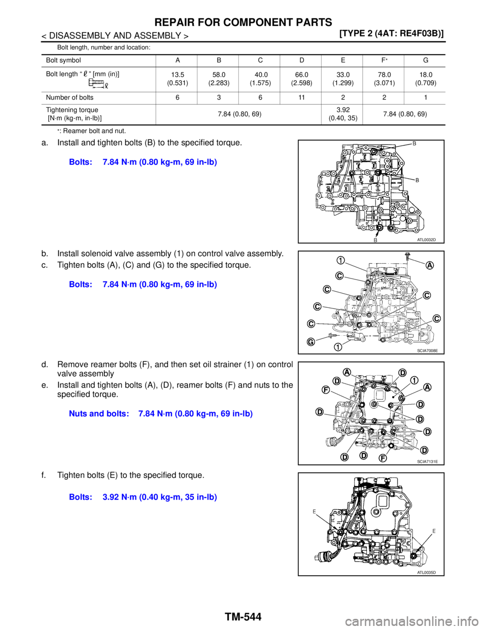 NISSAN TIIDA 2007  Service Repair Manual TM-544
< DISASSEMBLY AND ASSEMBLY >[TYPE 2 (4AT: RE4F03B)]
REPAIR FOR COMPONENT PARTS
Bolt length, number and location:
*: Reamer bolt and nut.
a. Install and tighten bolts (B) to the specified torque