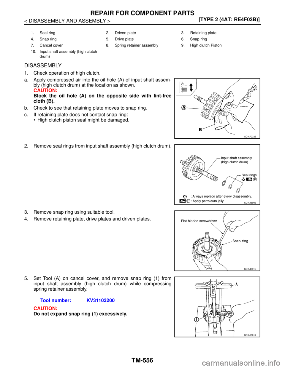 NISSAN TIIDA 2007  Service Repair Manual TM-556
< DISASSEMBLY AND ASSEMBLY >[TYPE 2 (4AT: RE4F03B)]
REPAIR FOR COMPONENT PARTS
DISASSEMBLY
1. Check operation of high clutch.
a. Apply compressed air into the oil hole (A) of input shaft assem-