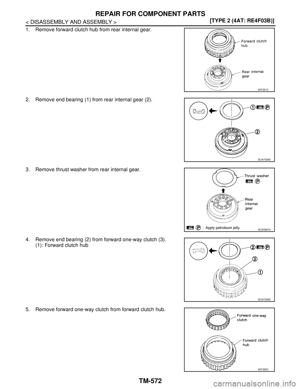 NISSAN TIIDA 2007  Service Repair Manual TM-572
< DISASSEMBLY AND ASSEMBLY >[TYPE 2 (4AT: RE4F03B)]
REPAIR FOR COMPONENT PARTS
1. Remove forward clutch hub from rear internal gear.
2. Remove end bearing (1) from rear internal gear (2).
3. Re
