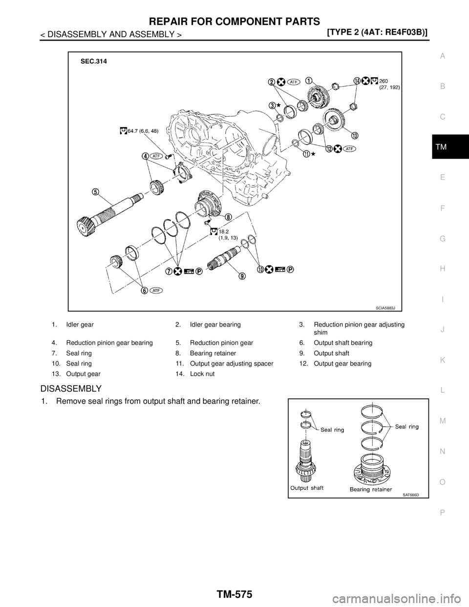 NISSAN TIIDA 2007  Service Repair Manual REPAIR FOR COMPONENT PARTS
TM-575
< DISASSEMBLY AND ASSEMBLY >[TYPE 2 (4AT: RE4F03B)]
C
E
F
G
H
I
J
K
L
MA
B
TM
N
O
P
DISASSEMBLY
1. Remove seal rings from output shaft and bearing retainer.
1. Idler 
