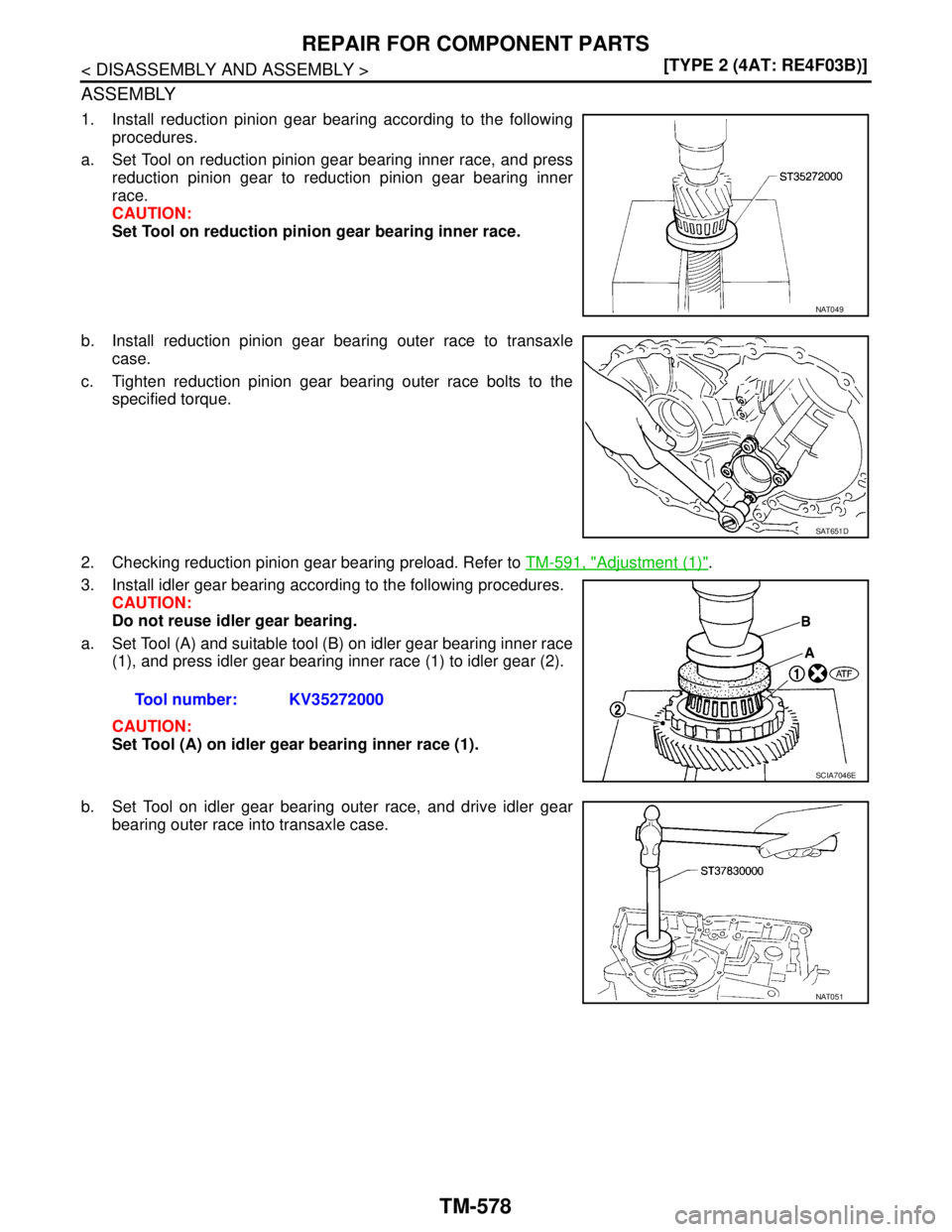 NISSAN TIIDA 2007  Service Repair Manual TM-578
< DISASSEMBLY AND ASSEMBLY >[TYPE 2 (4AT: RE4F03B)]
REPAIR FOR COMPONENT PARTS
ASSEMBLY
1. Install reduction pinion gear bearing according to the following
procedures.
a. Set Tool on reduction 