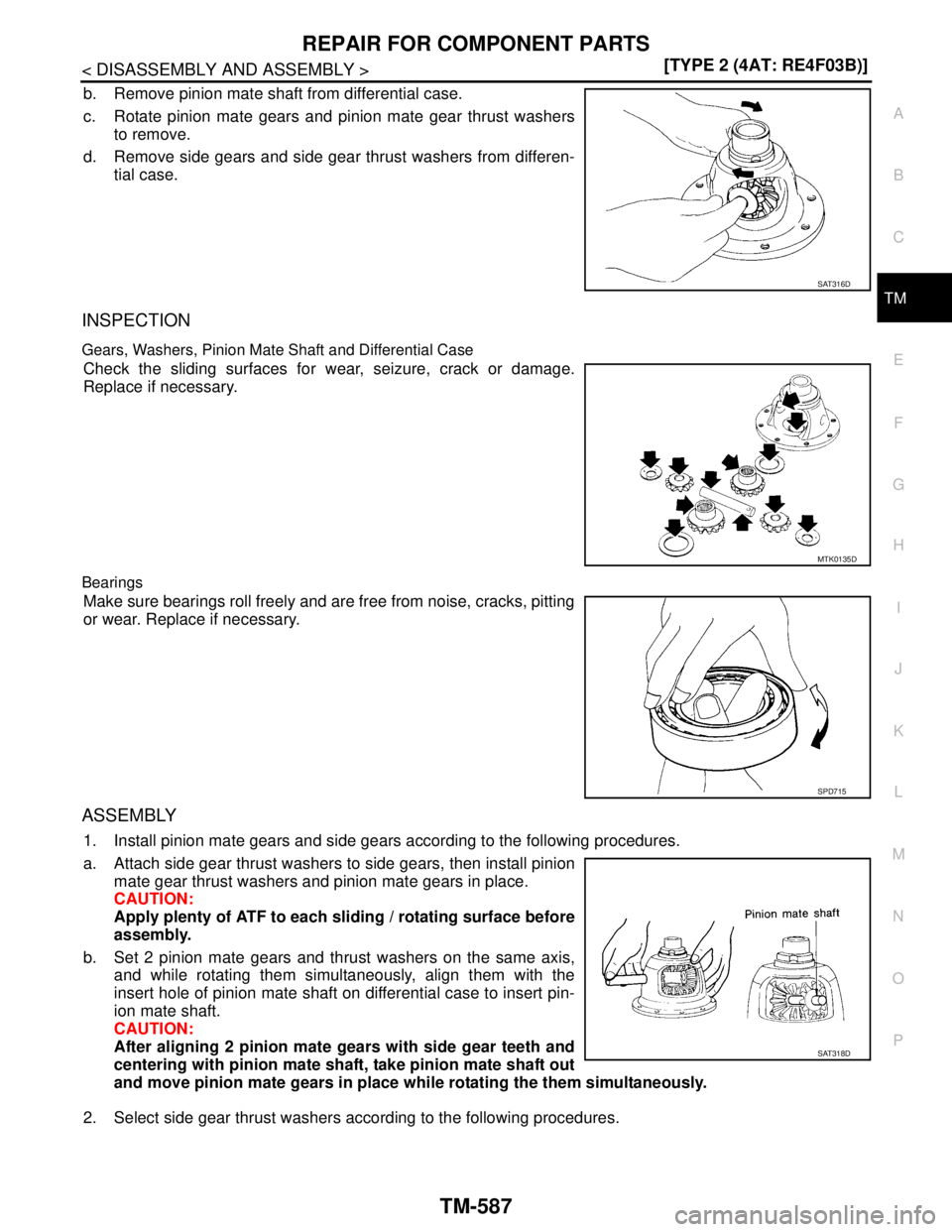 NISSAN TIIDA 2007  Service Repair Manual REPAIR FOR COMPONENT PARTS
TM-587
< DISASSEMBLY AND ASSEMBLY >[TYPE 2 (4AT: RE4F03B)]
C
E
F
G
H
I
J
K
L
MA
B
TM
N
O
P
b. Remove pinion mate shaft from differential case.
c. Rotate pinion mate gears an