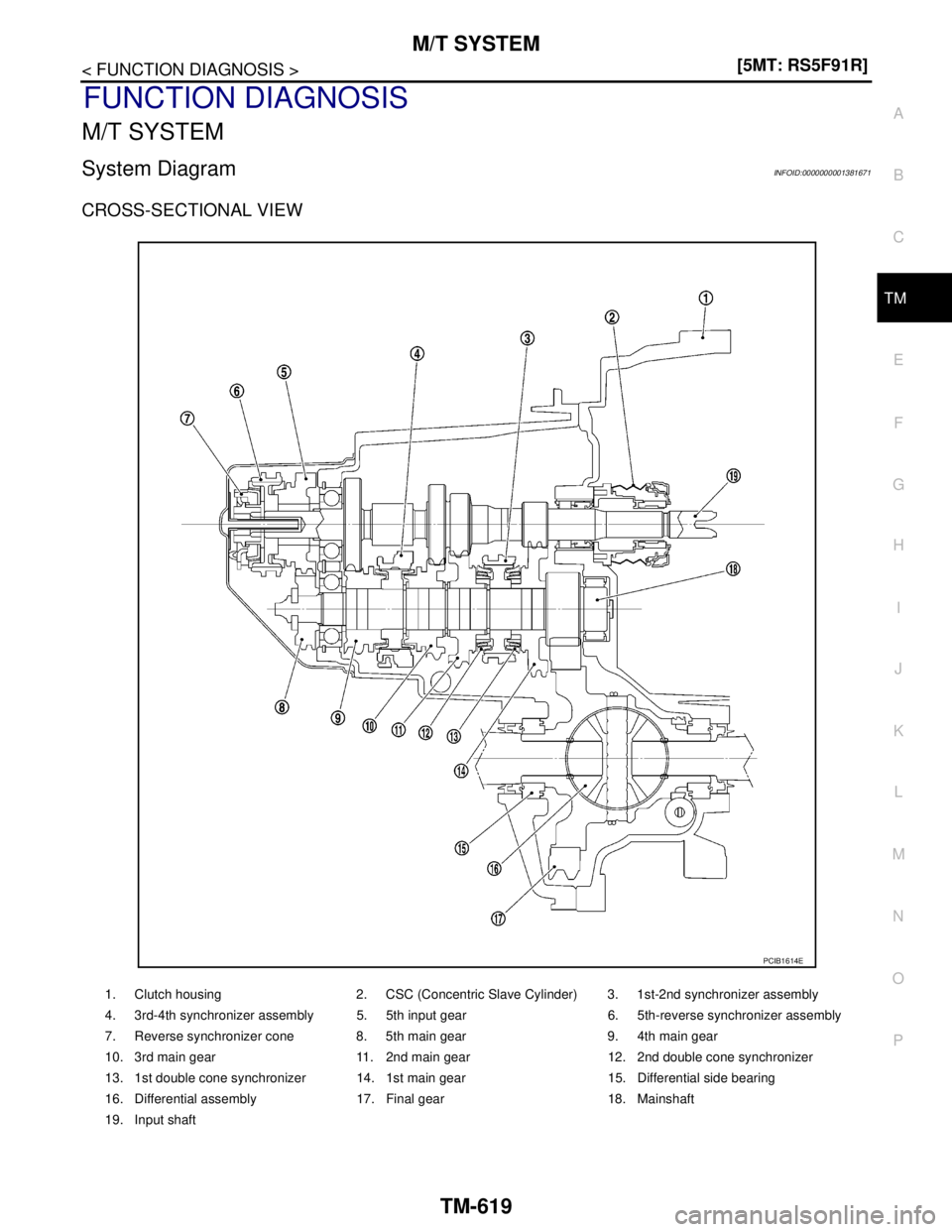 NISSAN TIIDA 2007  Service Repair Manual M/T SYSTEM
TM-619
< FUNCTION DIAGNOSIS >[5MT: RS5F91R]
C
E
F
G
H
I
J
K
L
MA
B
TM
N
O
P
FUNCTION DIAGNOSIS
M/T SYSTEM
System DiagramINFOID:0000000001381671
CROSS-SECTIONAL VIEW
1. Clutch housing 2. CSC