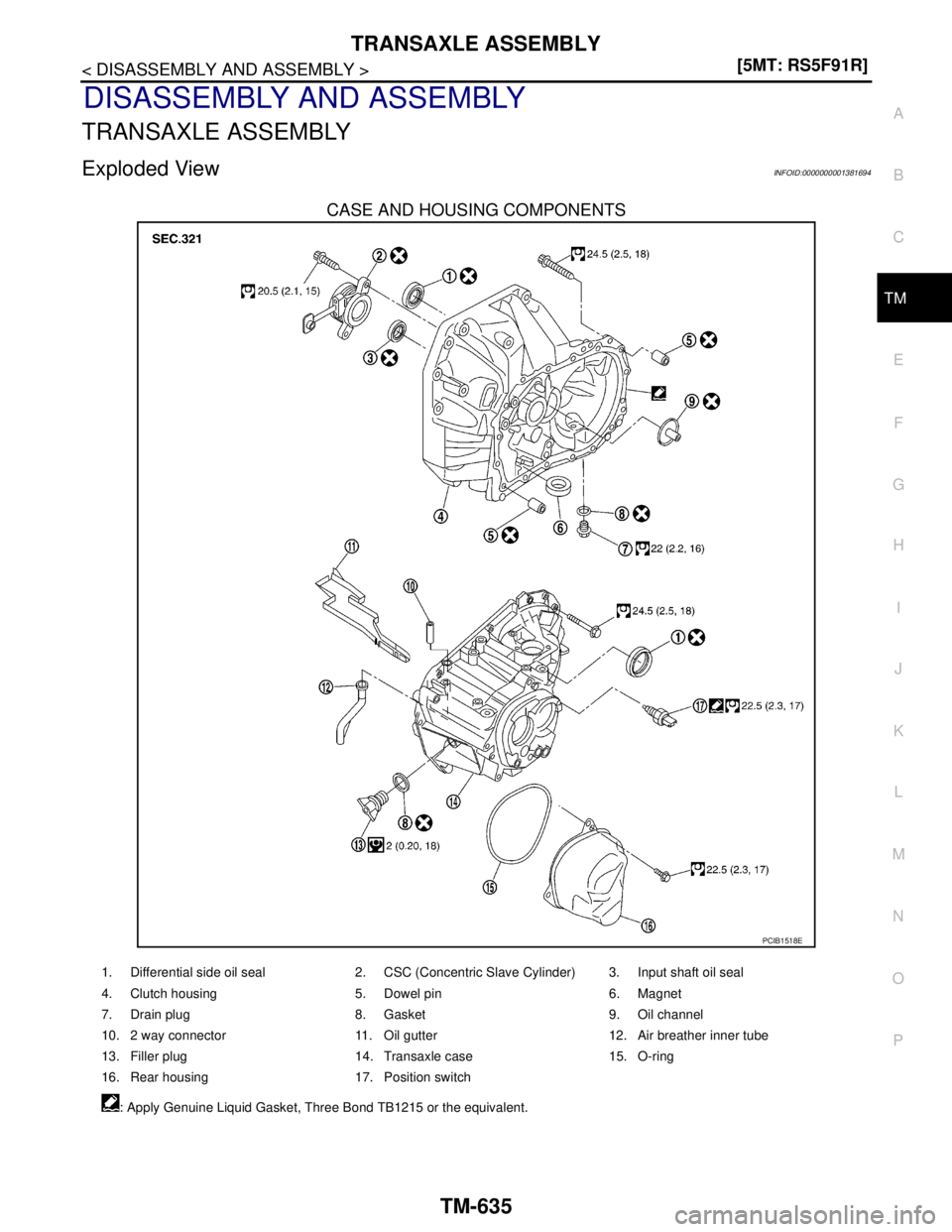 NISSAN TIIDA 2007  Service Repair Manual TRANSAXLE ASSEMBLY
TM-635
< DISASSEMBLY AND ASSEMBLY >[5MT: RS5F91R]
C
E
F
G
H
I
J
K
L
MA
B
TM
N
O
P
DISASSEMBLY AND ASSEMBLY
TRANSAXLE ASSEMBLY
Exploded ViewINFOID:0000000001381694
CASE AND HOUSING C
