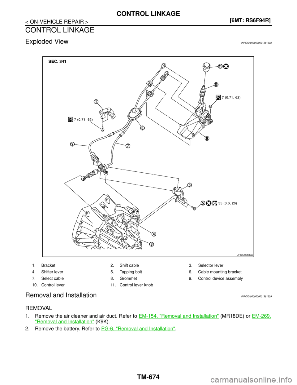 NISSAN TIIDA 2007  Service Repair Manual TM-674
< ON-VEHICLE REPAIR >[6MT: RS6F94R]
CONTROL LINKAGE
CONTROL LINKAGE
Exploded ViewINFOID:0000000001381638
Removal and InstallationINFOID:0000000001381639
REMOVAL 
1. Remove the air cleaner and a