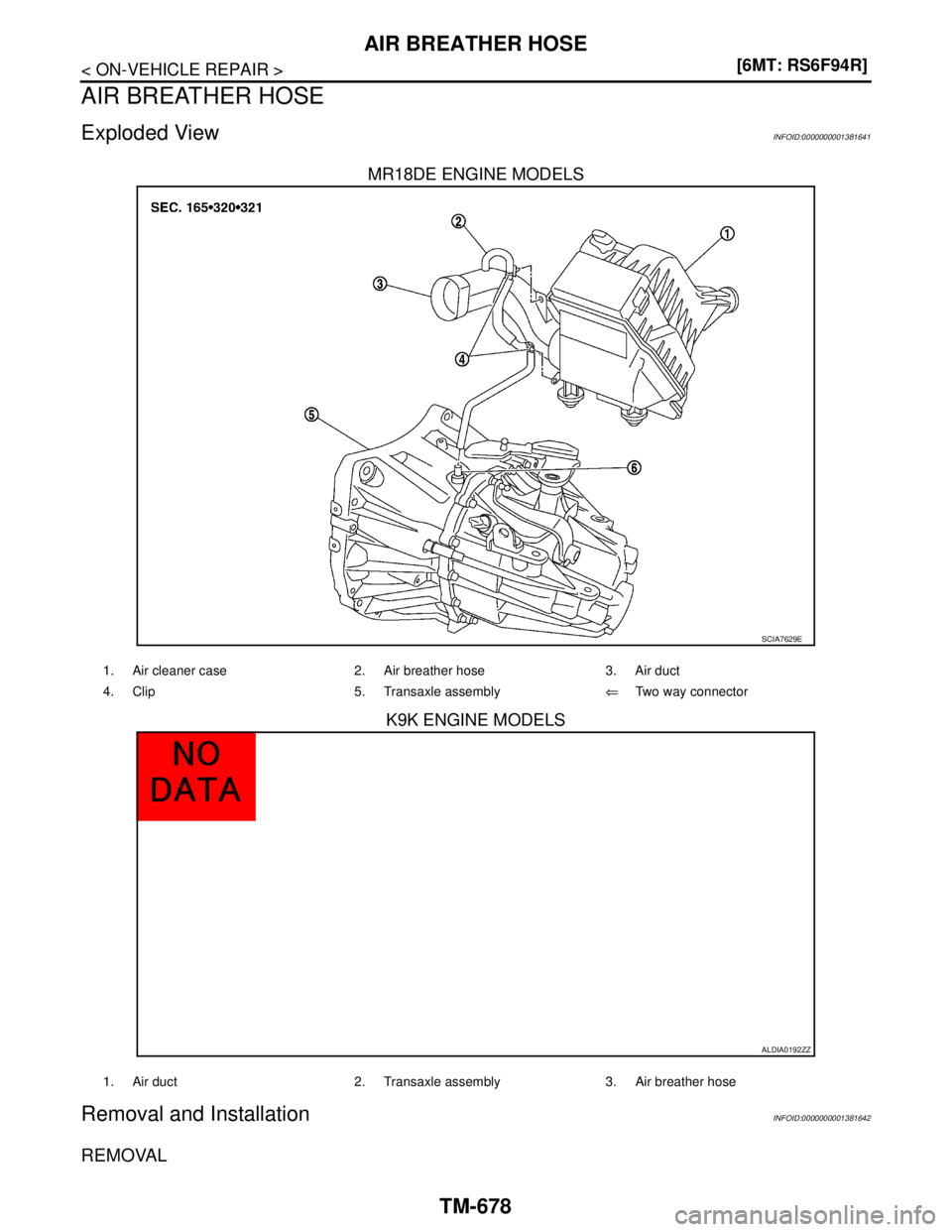 NISSAN TIIDA 2007  Service Repair Manual TM-678
< ON-VEHICLE REPAIR >[6MT: RS6F94R]
AIR BREATHER HOSE
AIR BREATHER HOSE
Exploded ViewINFOID:0000000001381641
MR18DE ENGINE MODELS
K9K ENGINE MODELS
Removal and InstallationINFOID:00000000013816