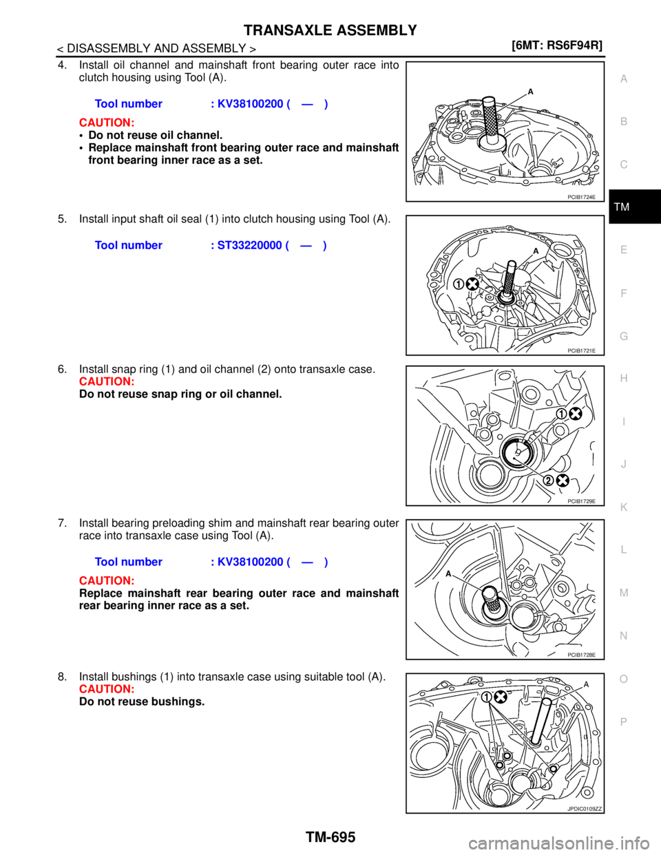NISSAN TIIDA 2007  Service Repair Manual TRANSAXLE ASSEMBLY
TM-695
< DISASSEMBLY AND ASSEMBLY >[6MT: RS6F94R]
C
E
F
G
H
I
J
K
L
MA
B
TM
N
O
P
4. Install oil channel and mainshaft front bearing outer race into
clutch housing using Tool (A).
C