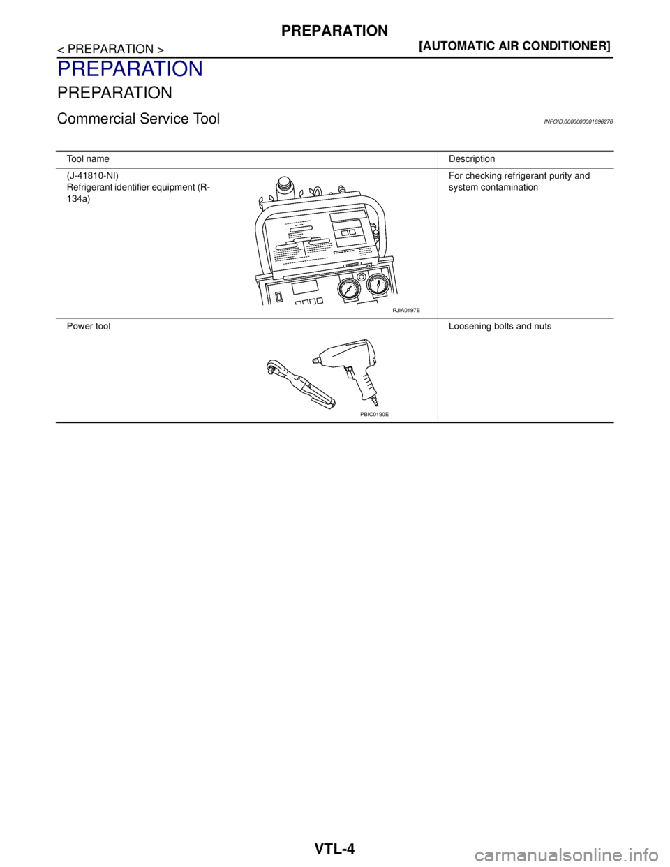 NISSAN TIIDA 2007  Service Repair Manual VTL-4
< PREPARATION >[AUTOMATIC AIR CONDITIONER]
PREPARATION
PREPARATION
PREPARATION
Commercial Service ToolINFOID:0000000001696276
Tool nameDescription
(J-41810-NI)
Refrigerant identifier equipment (