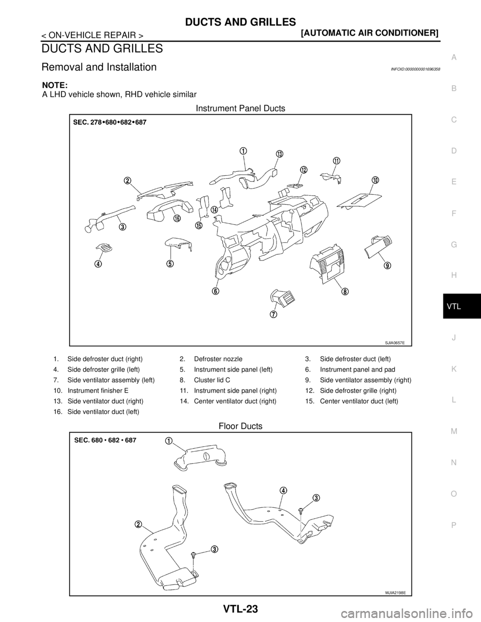 NISSAN TIIDA 2007  Service Repair Manual DUCTS AND GRILLES
VTL-23
< ON-VEHICLE REPAIR >[AUTOMATIC AIR CONDITIONER]
C
D
E
F
G
H
J
K
L
MA
B
VTL
N
O
P
DUCTS AND GRILLES
Removal and InstallationINFOID:0000000001696358
NOTE:
A LHD vehicle shown, 