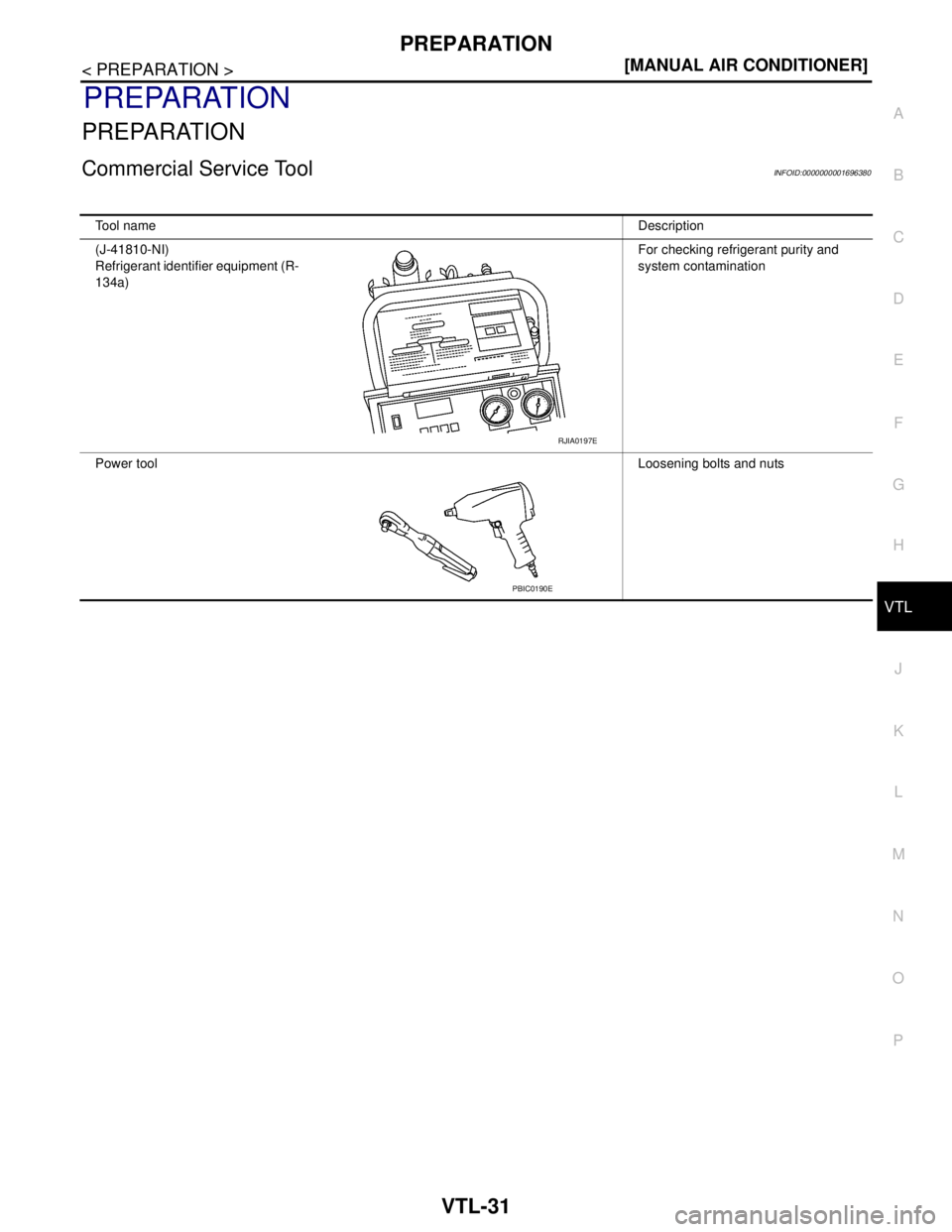 NISSAN TIIDA 2007  Service Repair Manual PREPARATION
VTL-31
< PREPARATION >[MANUAL AIR CONDITIONER]
C
D
E
F
G
H
J
K
L
MA
B
VTL
N
O
P
PREPARATION
PREPARATION
Commercial Service ToolINFOID:0000000001696380
Tool nameDescription
(J-41810-NI)
Ref
