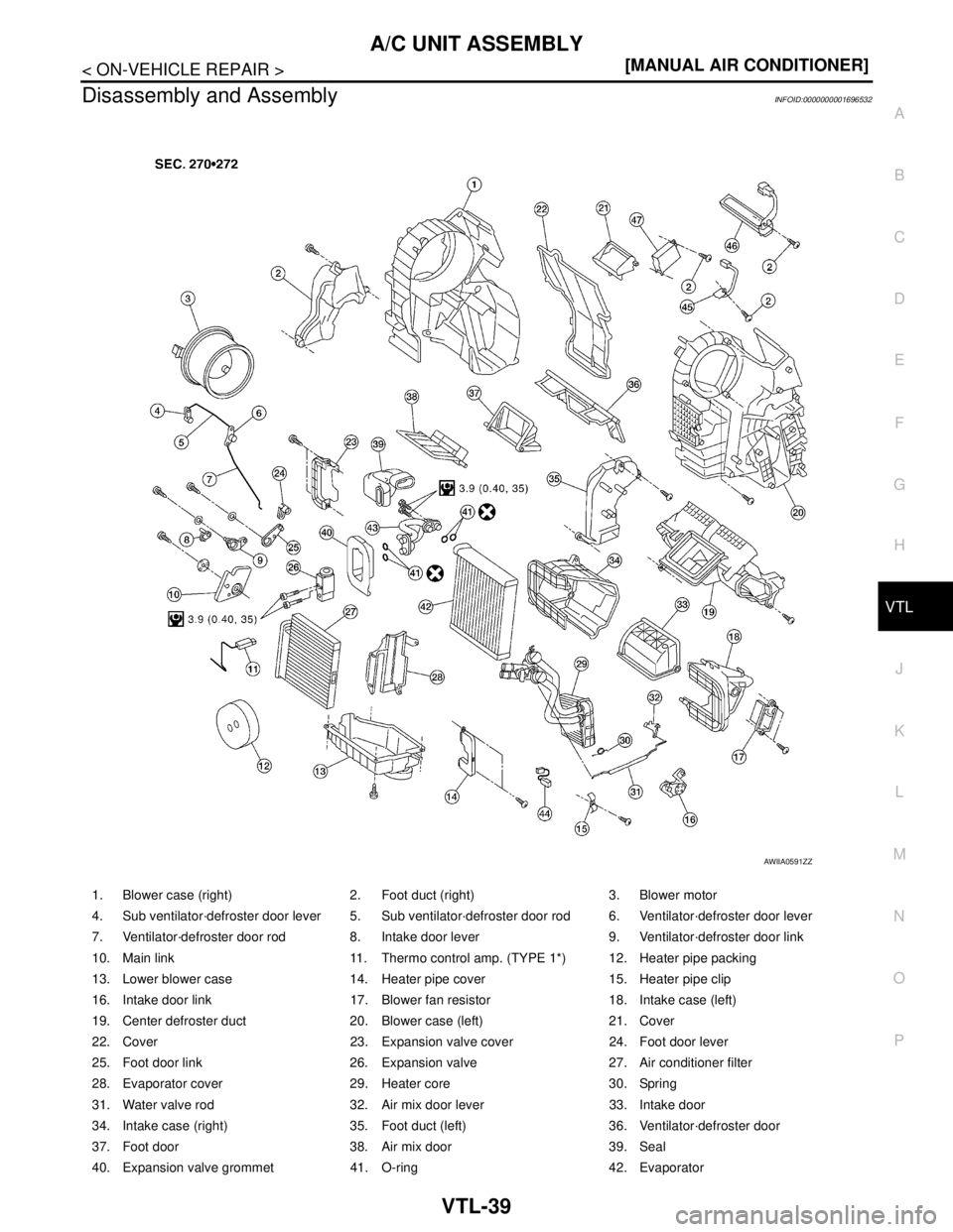 NISSAN TIIDA 2007  Service Repair Manual A/C UNIT ASSEMBLY
VTL-39
< ON-VEHICLE REPAIR >[MANUAL AIR CONDITIONER]
C
D
E
F
G
H
J
K
L
MA
B
VTL
N
O
P
Disassembly and AssemblyINFOID:0000000001696532
1. Blower case (right) 2. Foot duct (right) 3. B