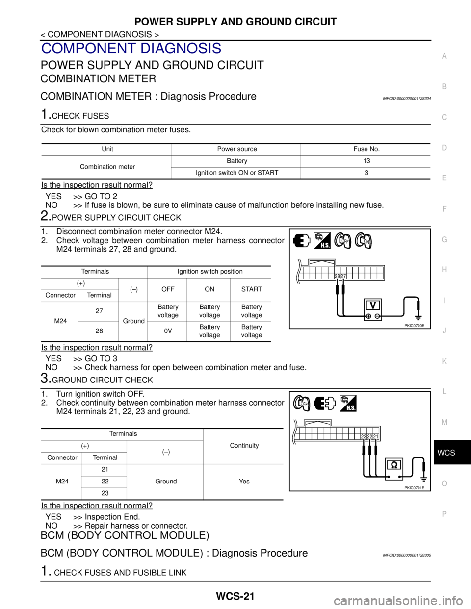 NISSAN TIIDA 2007  Service Repair Manual WCS
POWER SUPPLY AND GROUND CIRCUIT
WCS-21
< COMPONENT DIAGNOSIS >
C
D
E
F
G
H
I
J
K
L
MB A
O
P
COMPONENT DIAGNOSIS
POWER SUPPLY AND GROUND CIRCUIT
COMBINATION METER
COMBINATION METER : Diagnosis Proc