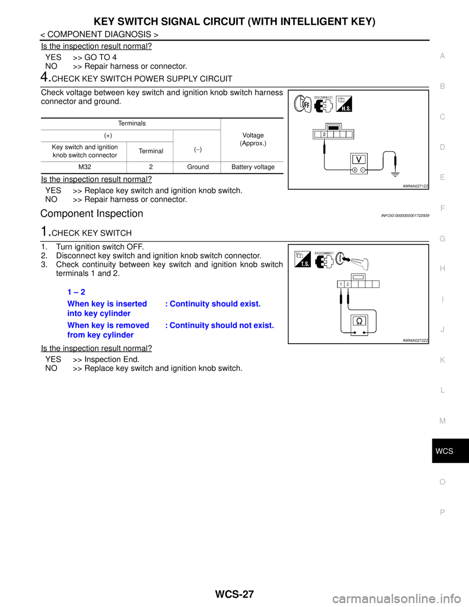NISSAN TIIDA 2007  Service Repair Manual WCS
KEY SWITCH SIGNAL CIRCUIT (WITH INTELLIGENT KEY)
WCS-27
< COMPONENT DIAGNOSIS >
C
D
E
F
G
H
I
J
K
L
MB A
O
P
Is the inspection result normal?
YES >> GO TO 4
NO >> Repair harness or connector.
4.CH
